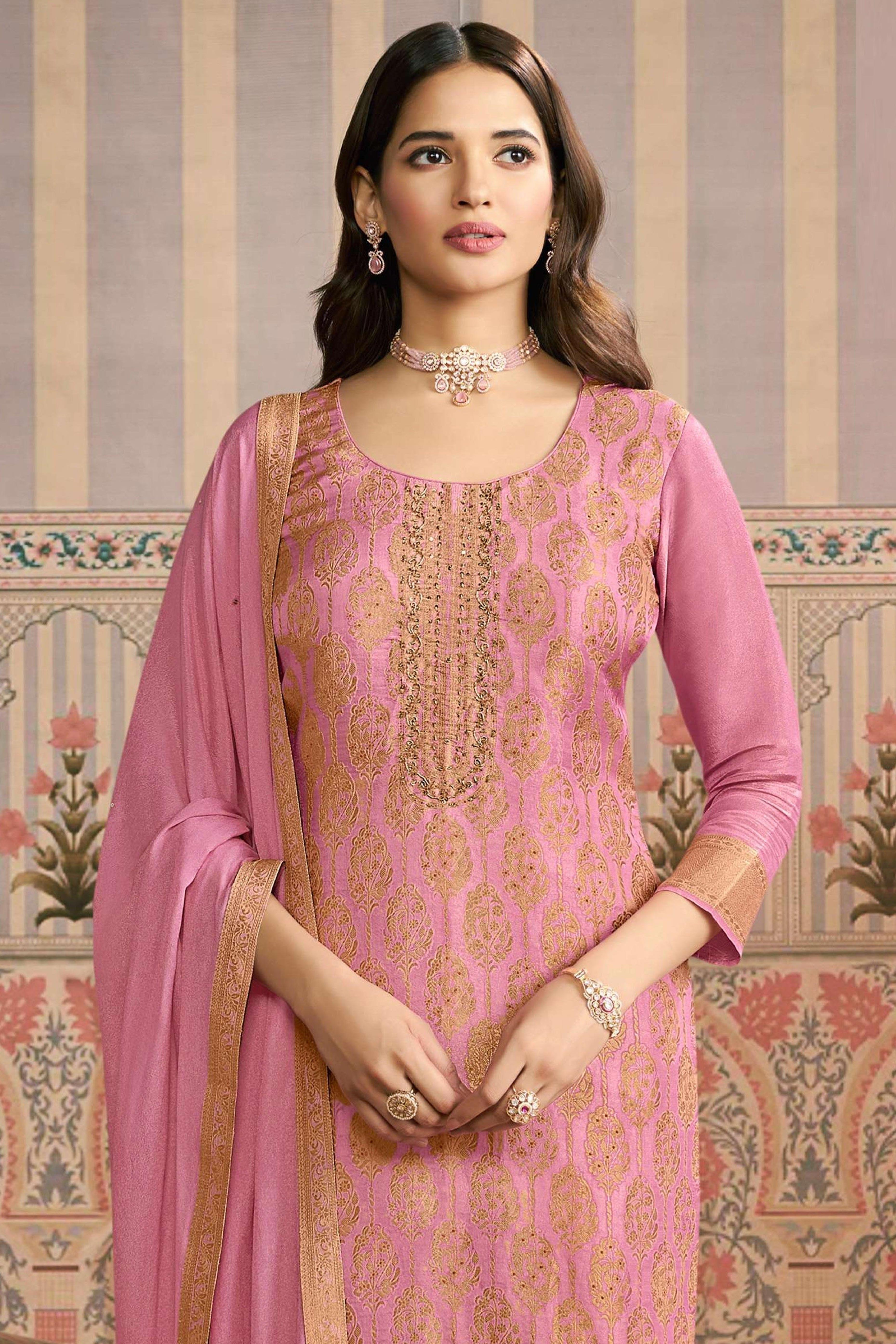 Pink Pakistani Embroidered Viscose Semi-Stitched Suit Material with Dupatta