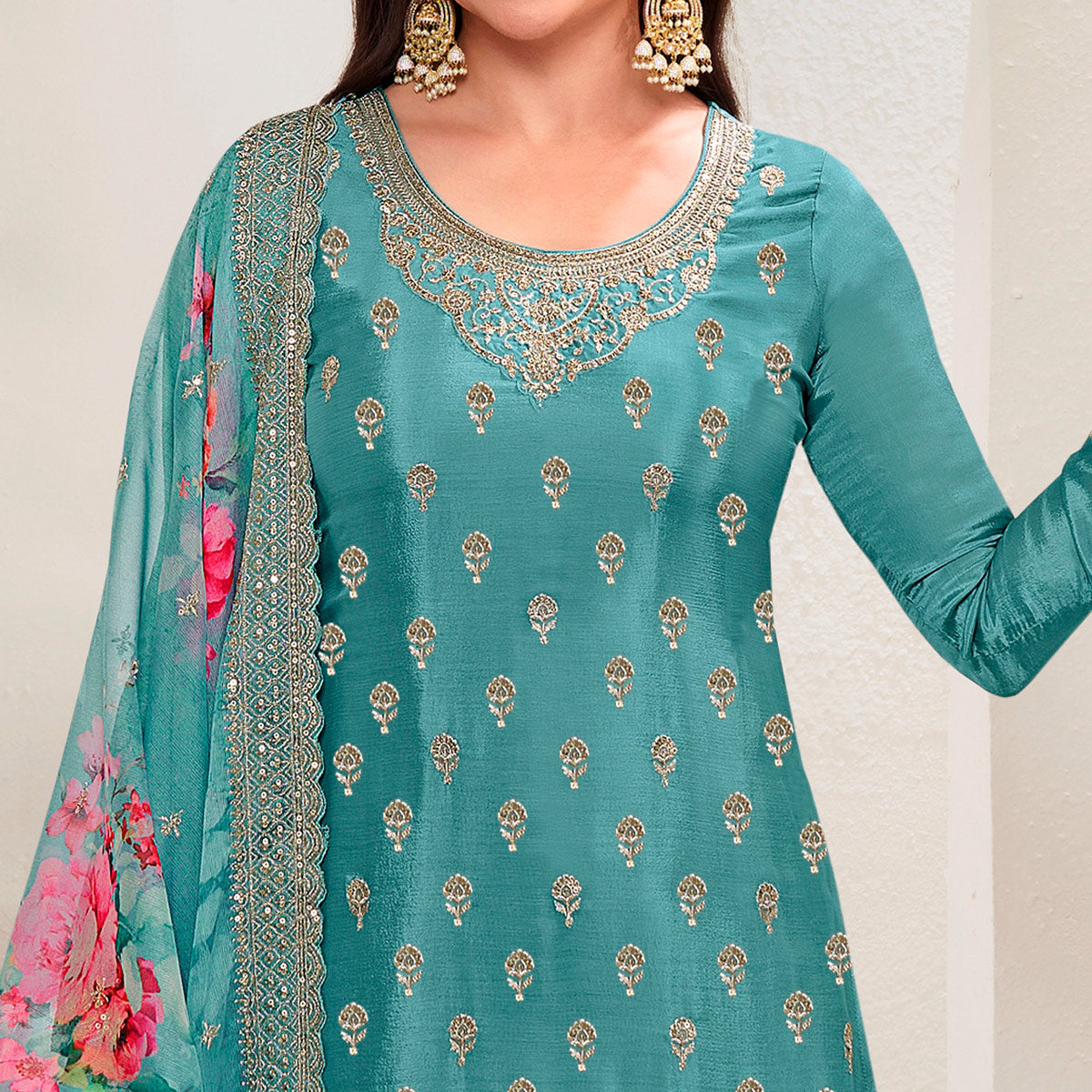 Teal Embroidered Chinon Semi Stitched Dress Material With Palazzo