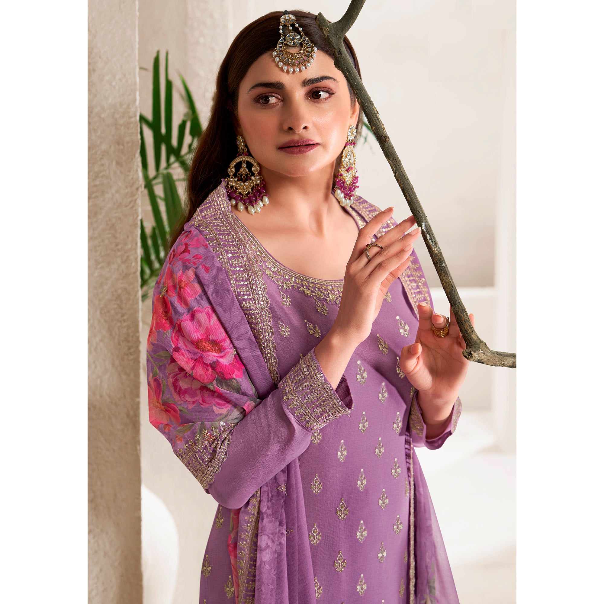 Purple Embroidered Chinon Semi Stitched Dress Material With Palazzo