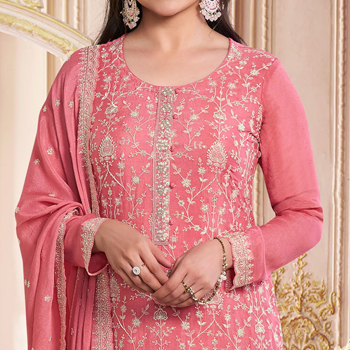 Peach Embroidered With Diamond Work Chinon Silk Semi Stitched Suit