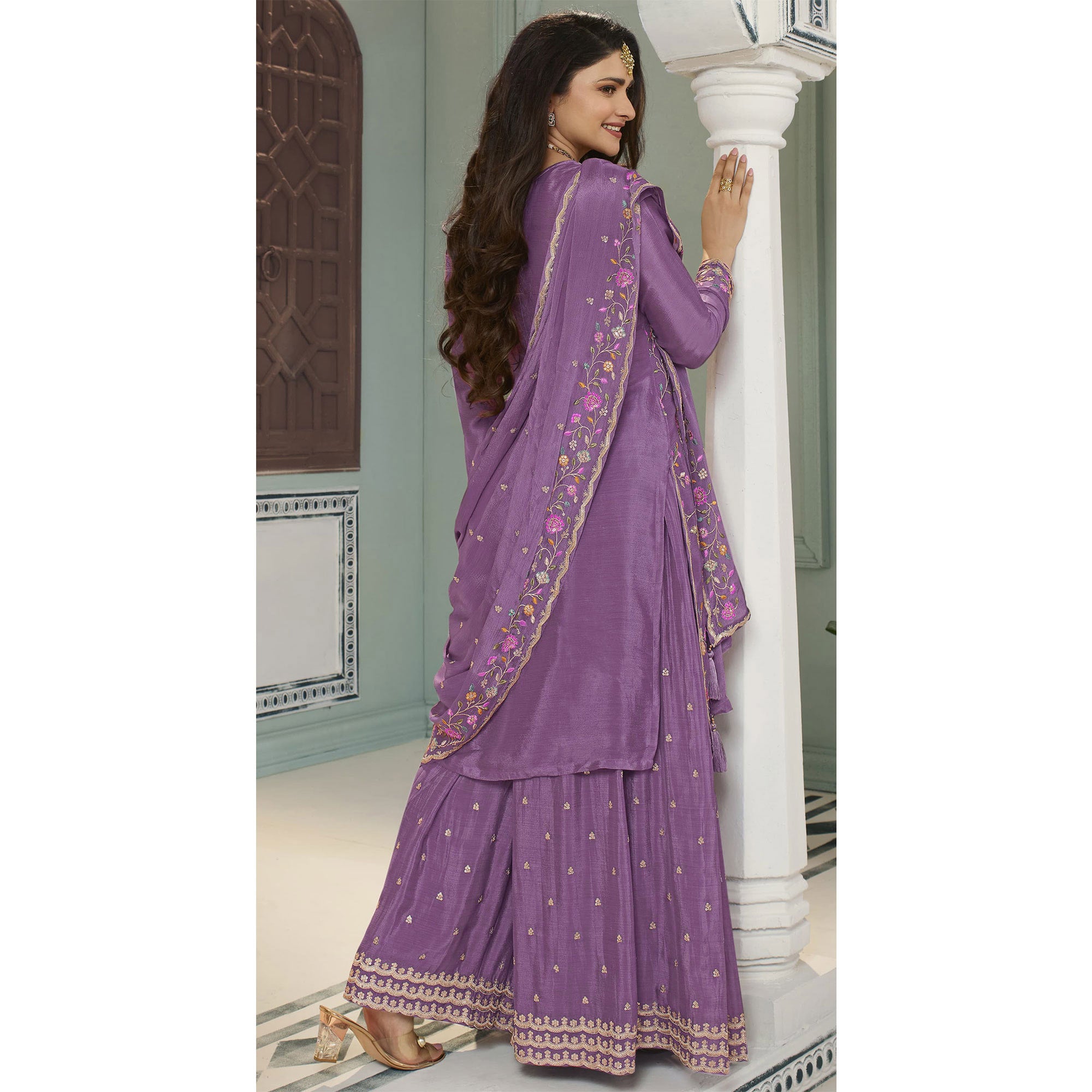 Dusty Purple Floral Embroidered Chinon Sharara Salwar Suit