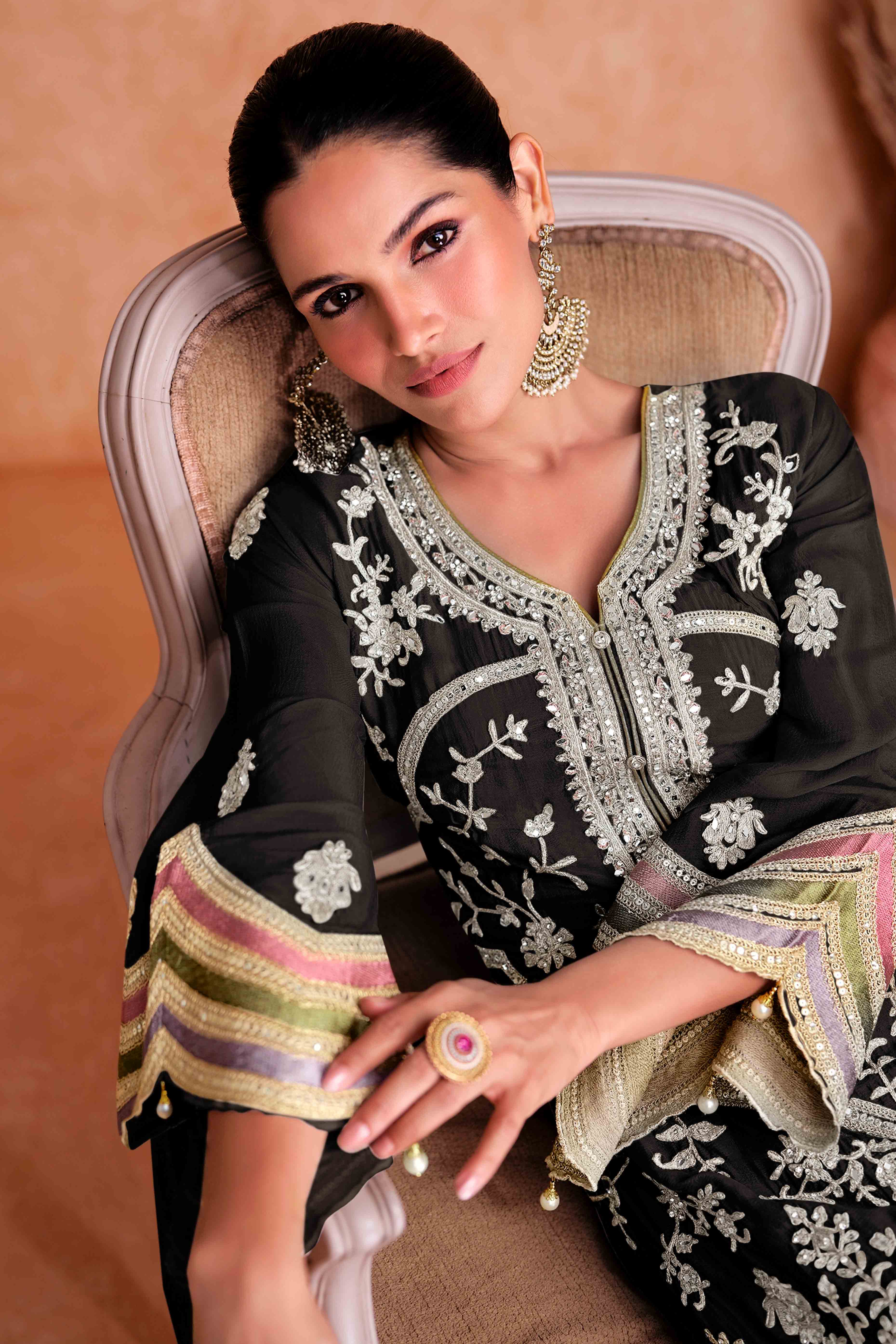 Black Floral Sequins Embroidered Chinon Palazzo Suit