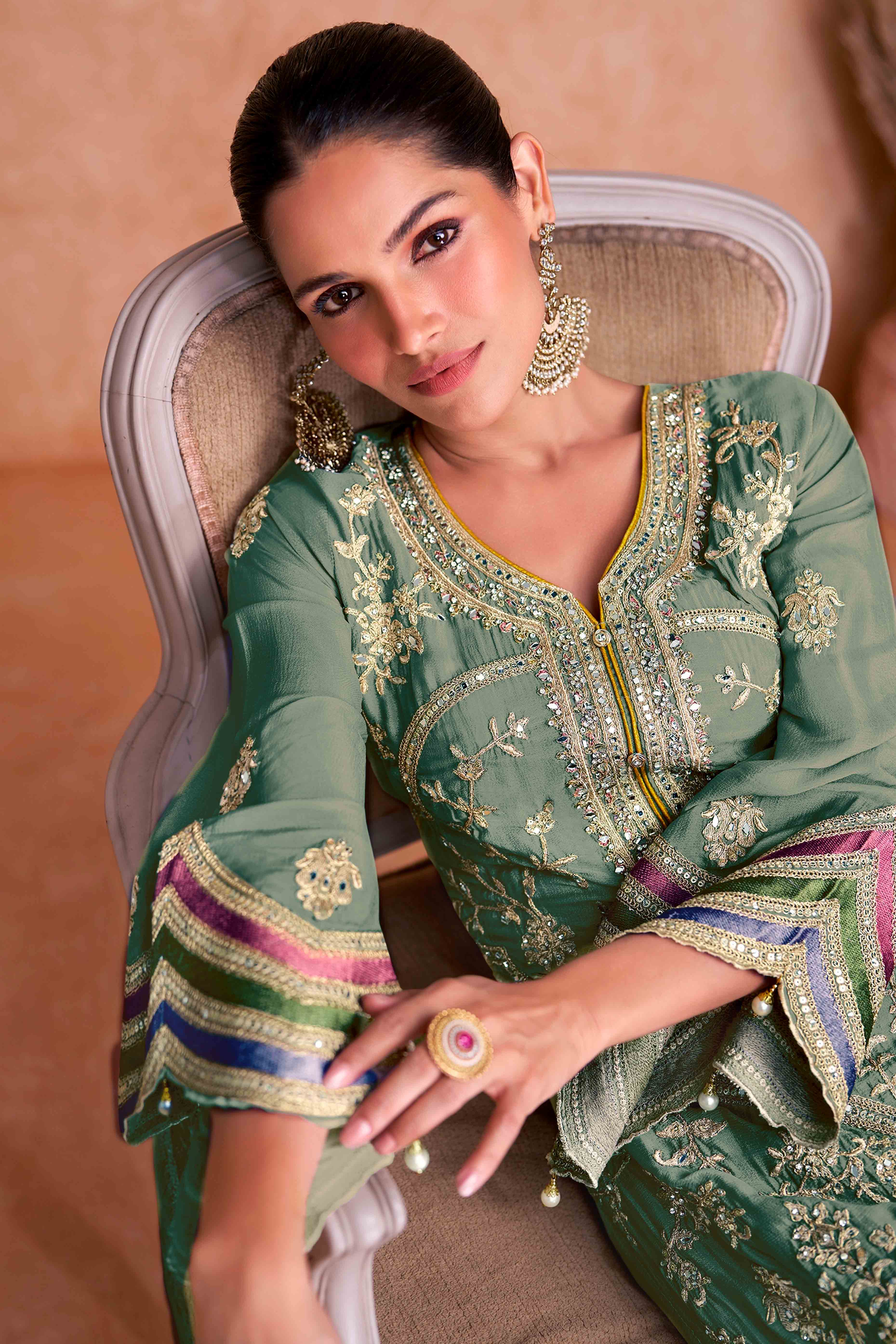 Green Floral Sequins Embroidered Chinon Palazzo Suit