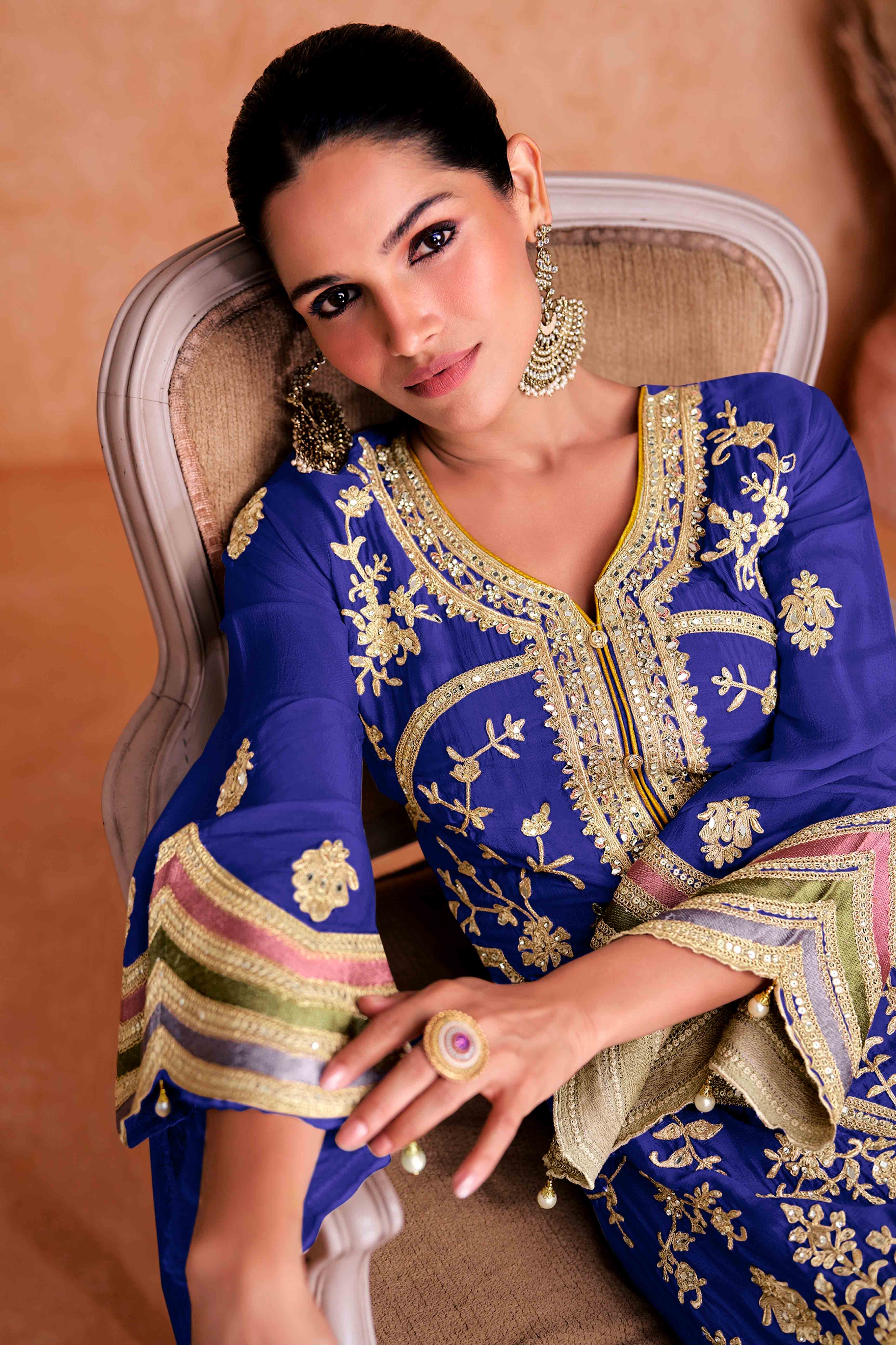 Blue Gem Floral Sequins Embroidered Chinon Palazzo Suit