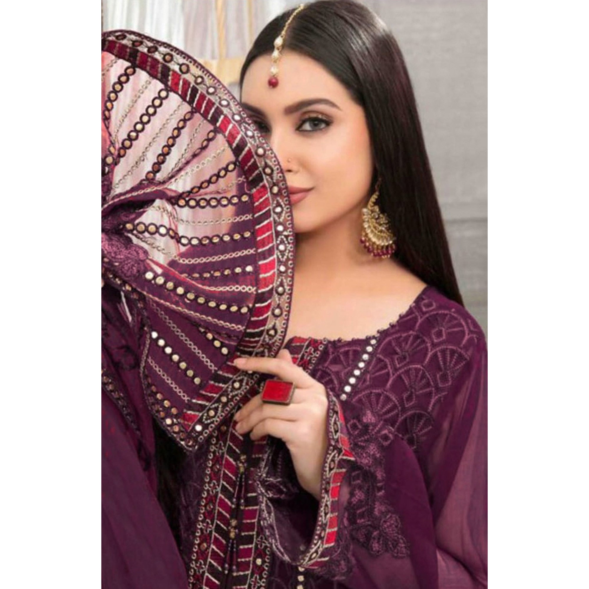 Purple Embroidered Georgette Semi Stitched Pakistani Suit