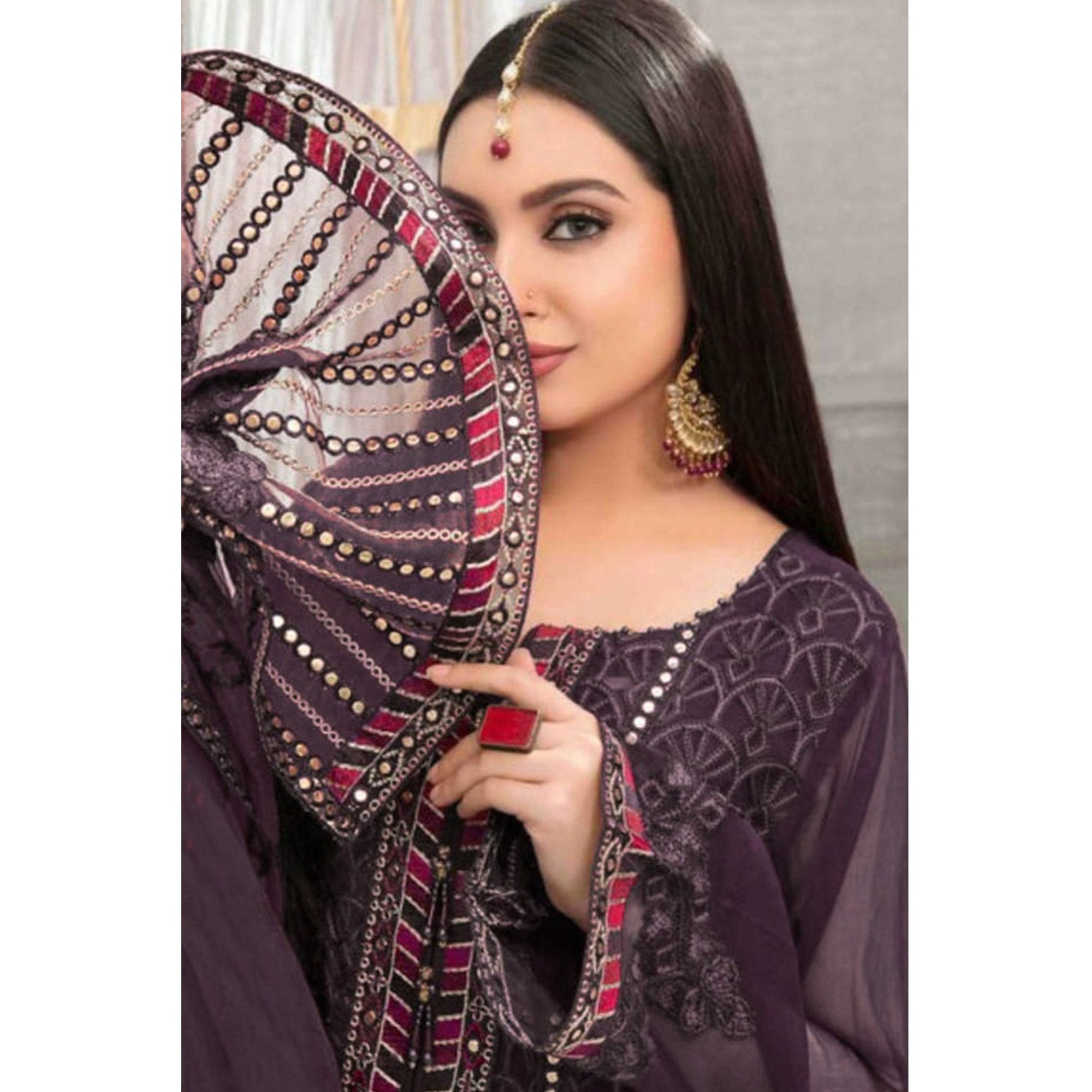 Wine Embroidered Georgette Semi Stitched Pakistani Suit