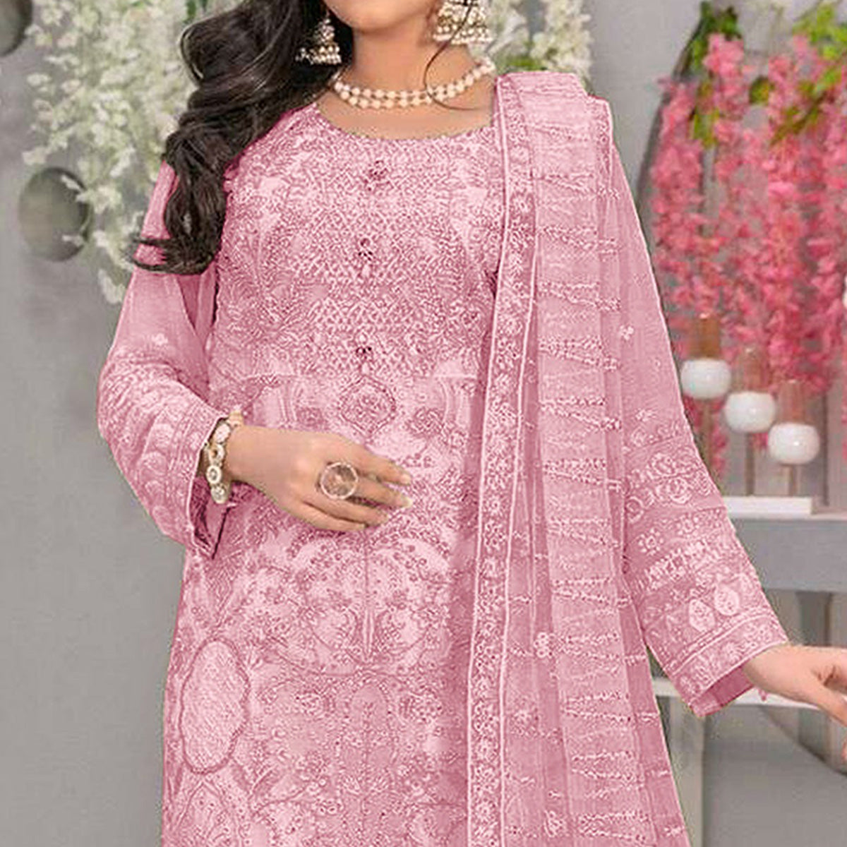 Pink Embroidered Georgette Semi Stitched Pakistani Suit