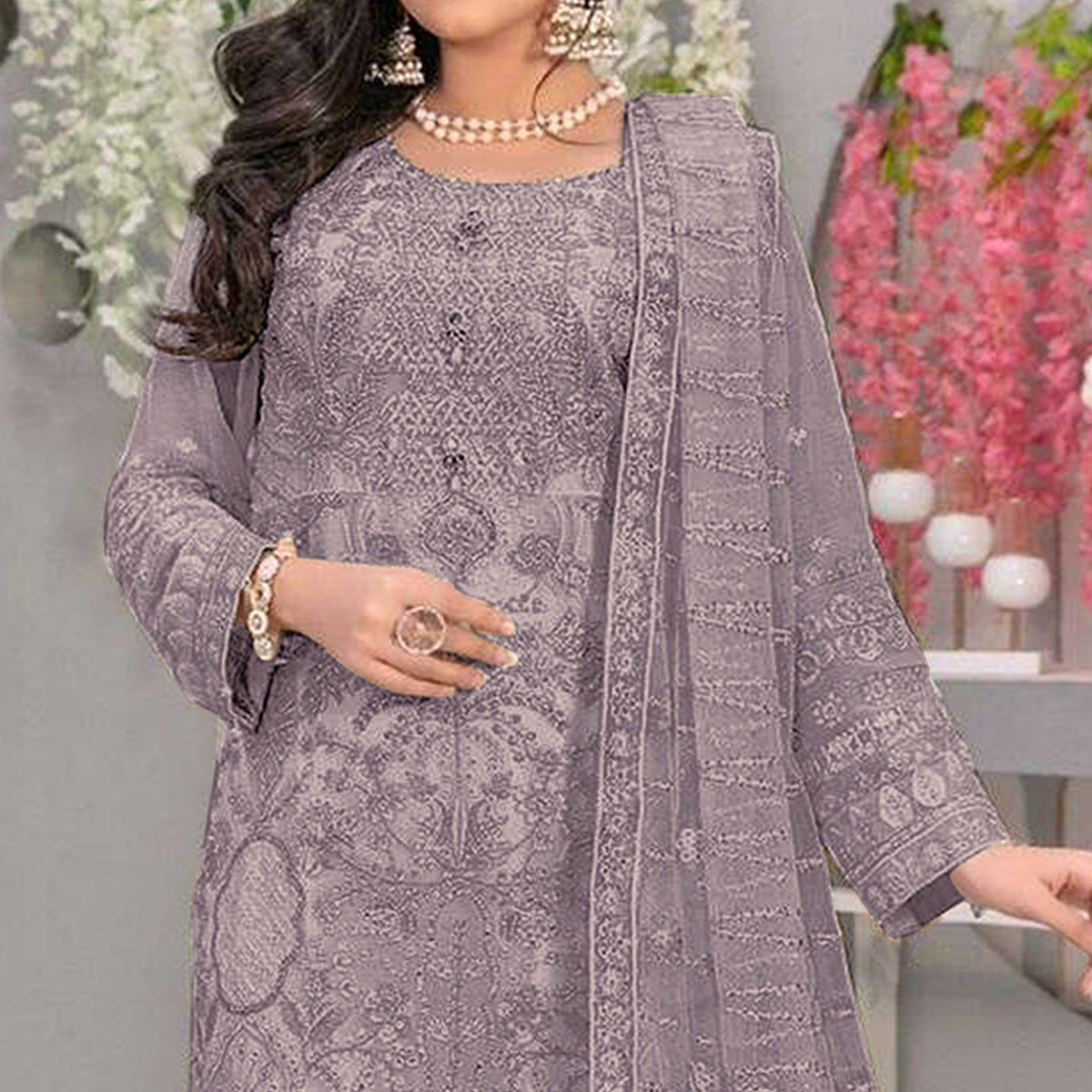 Grey Embroidered Georgette Semi Stitched Pakistani Suit