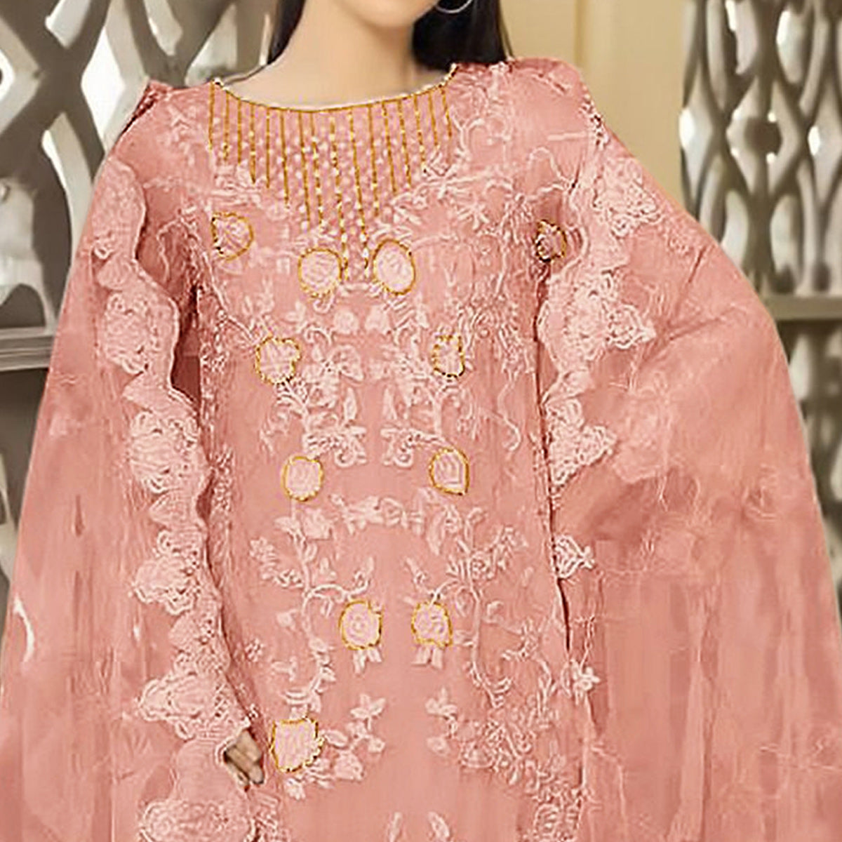 Peach Floral Embroidered Georgette Semi Stitched Pakistani Suit