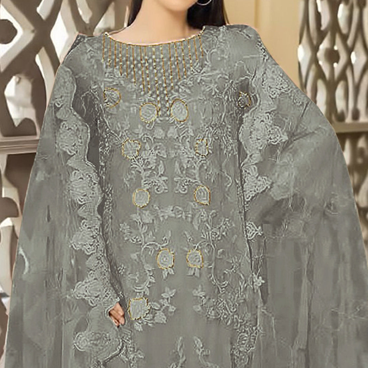 Grey Floral Embroidered Georgette Semi Stitched Pakistani Suit