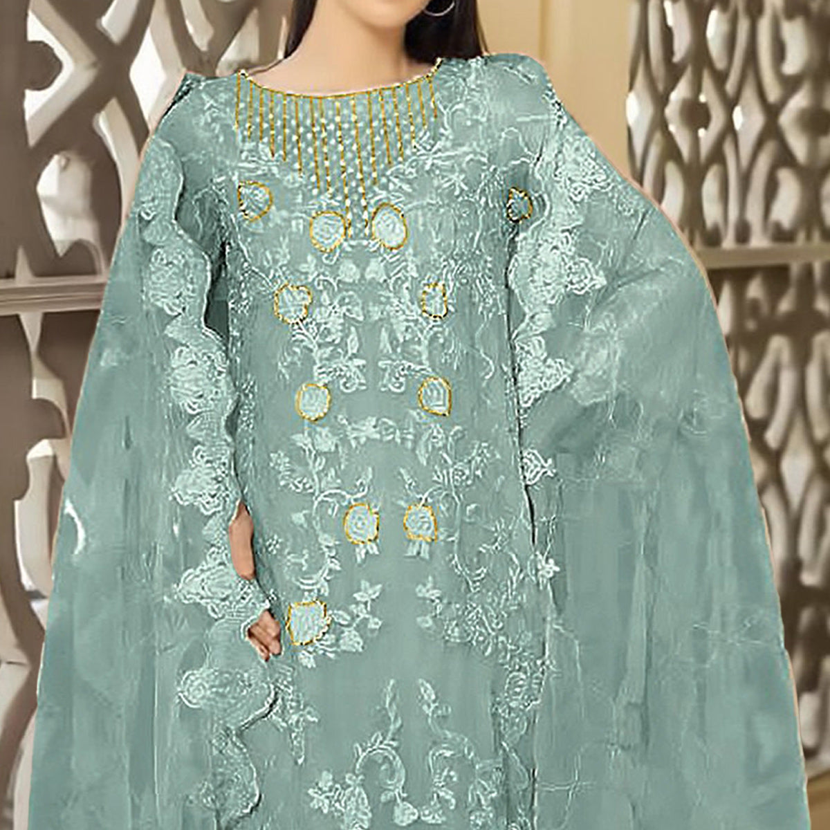 Light Turquoise Floral Embroidered Georgette Semi Stitched Pakistani Suit