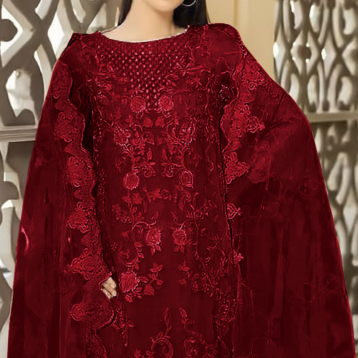 Maroon Floral Embroidered Georgette Semi Stitched Pakistani Suit
