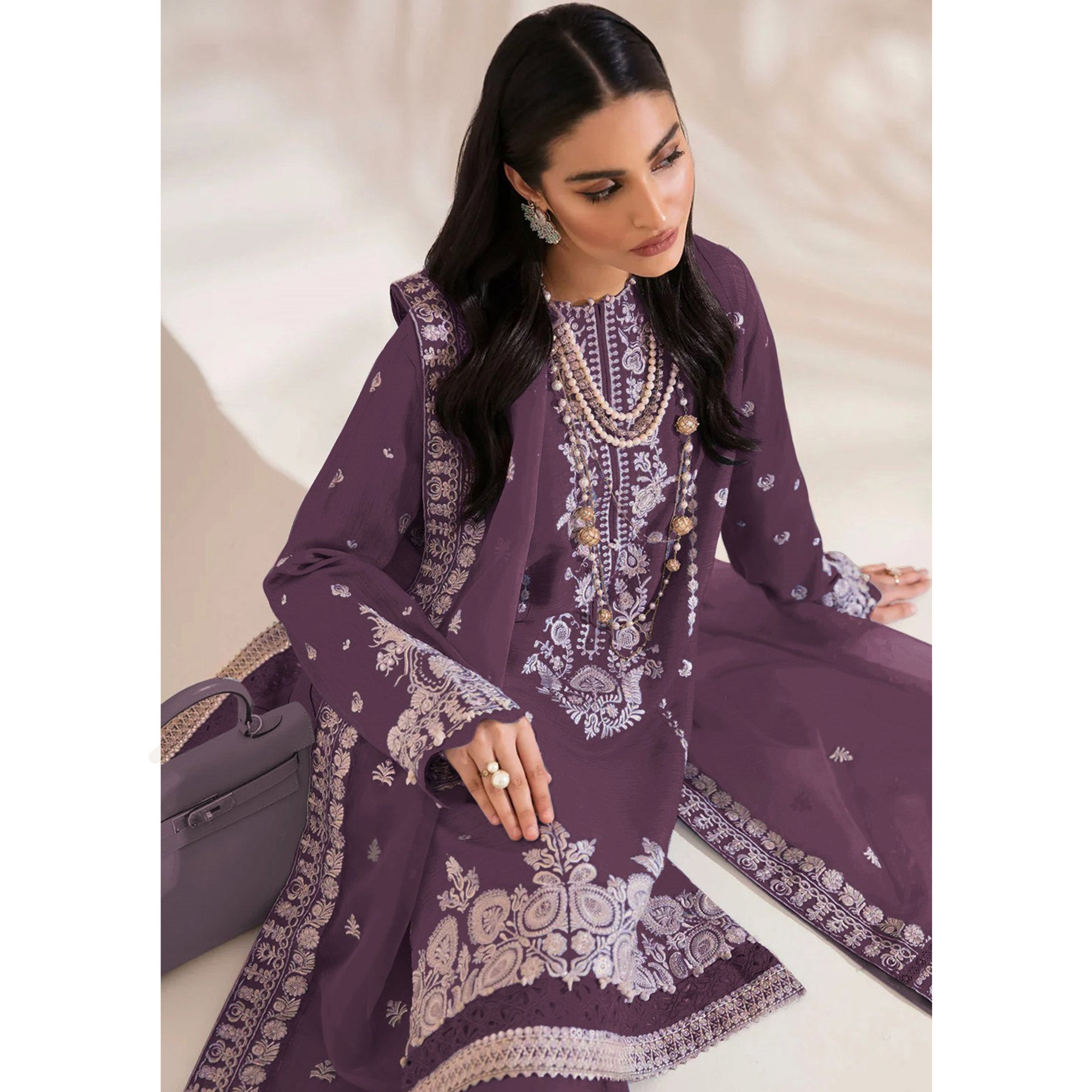 Purple Floral Embroidered Georgette Semi Stitched Pakistani Suit