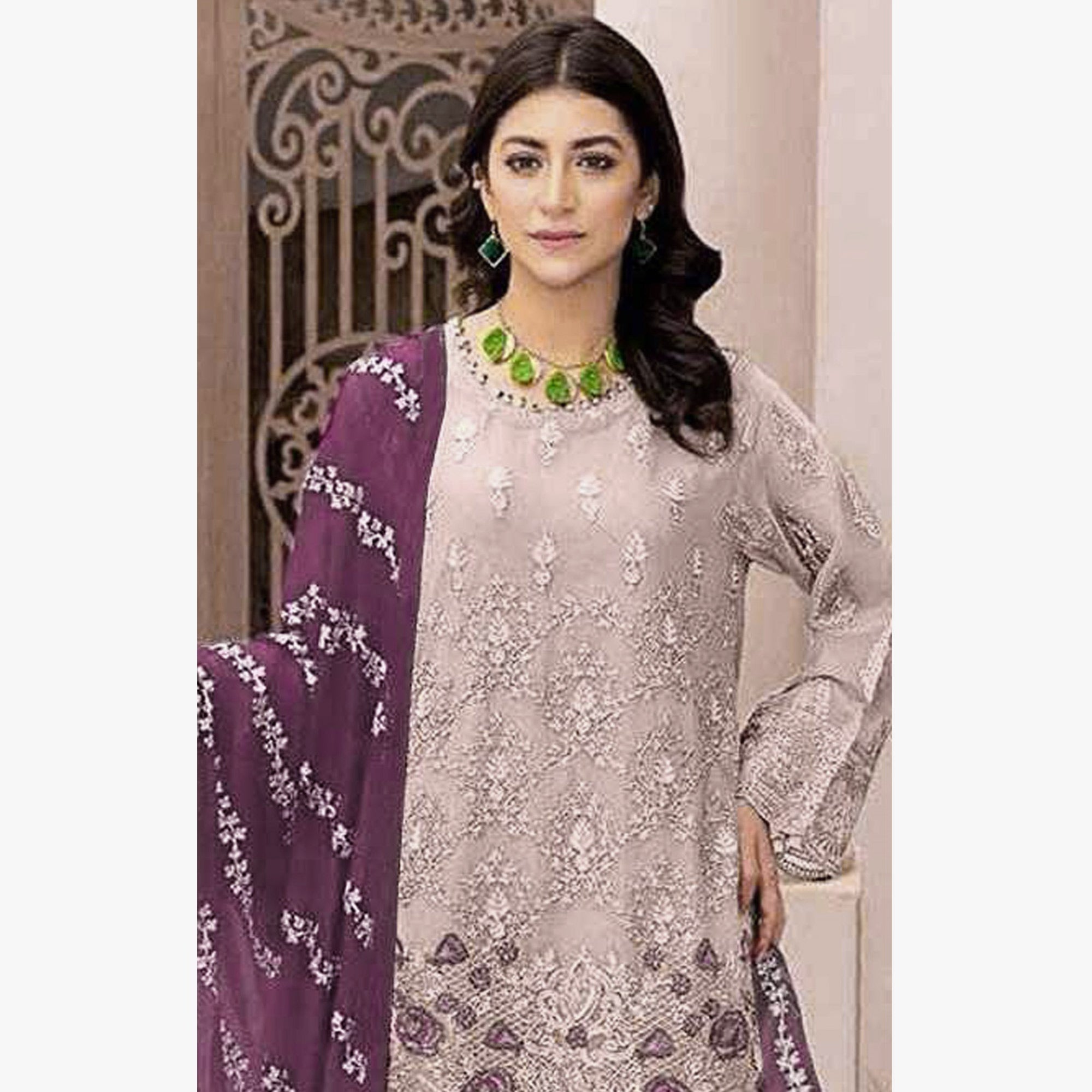 Peach Floral Embroidered Georgette Semi Stitched Pakistani Suit