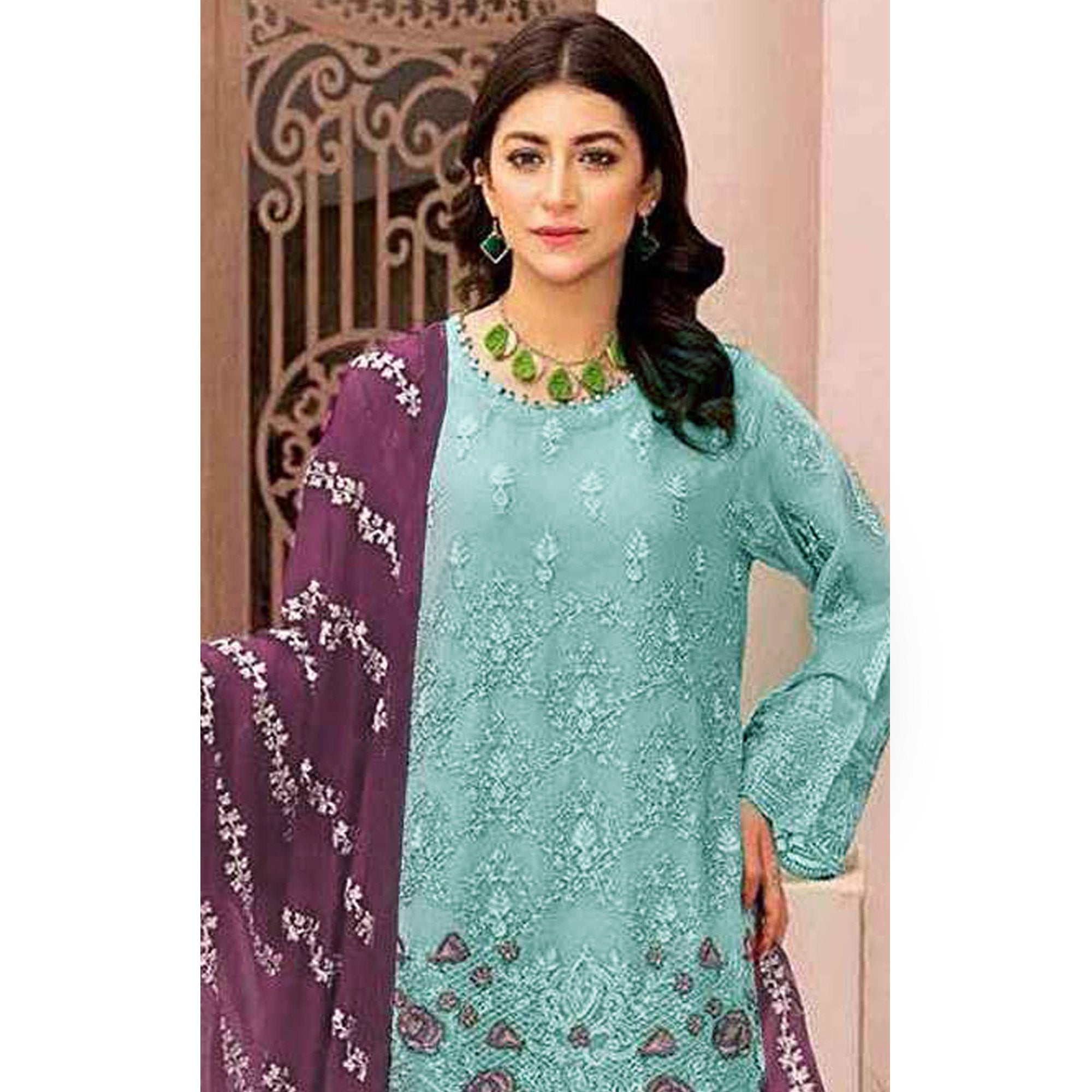 Blue Floral Embroidered Georgette Semi Stitched Pakistani Suit