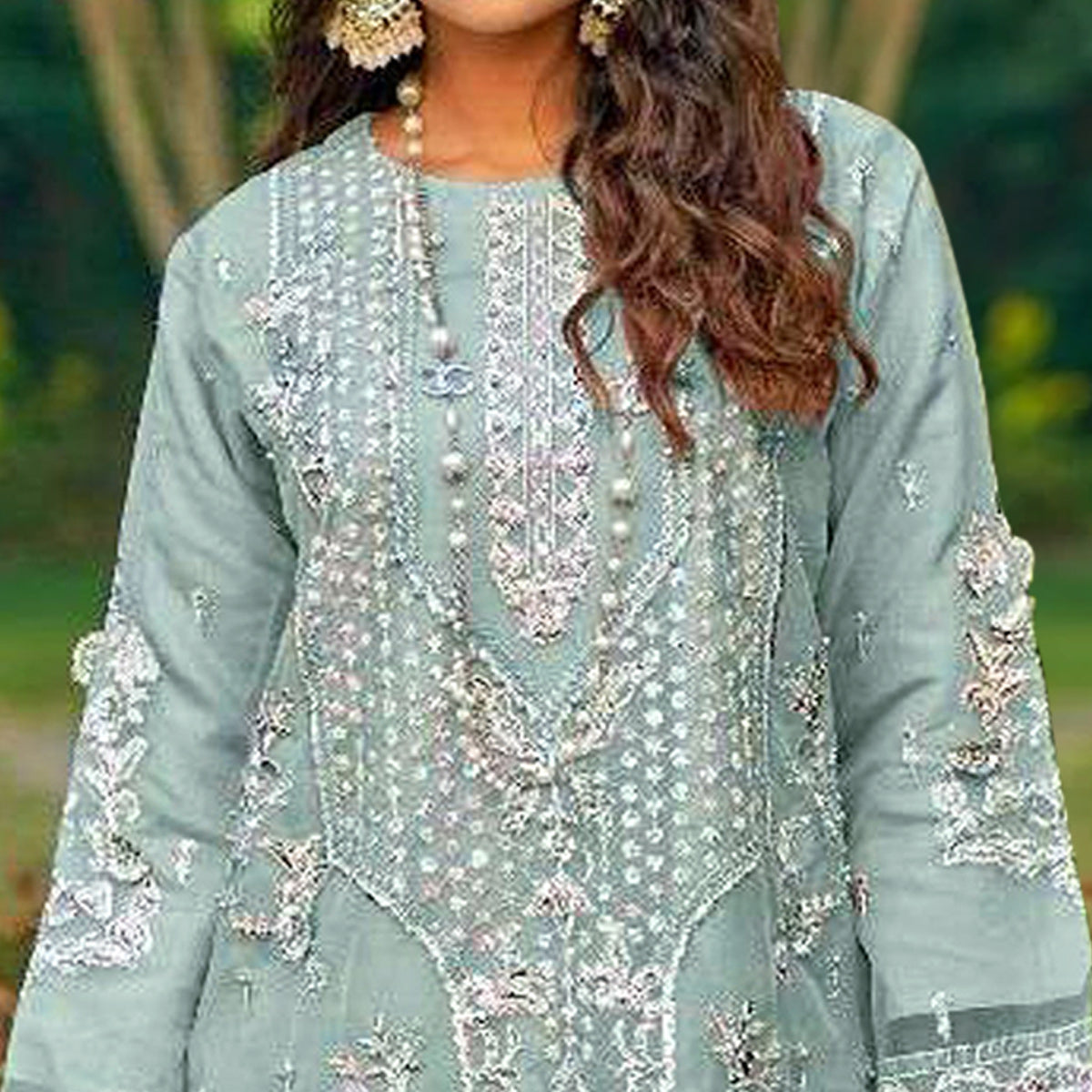 Light Turquoise Floral Embroidered Organza Semi Stitched Pakistani Suit