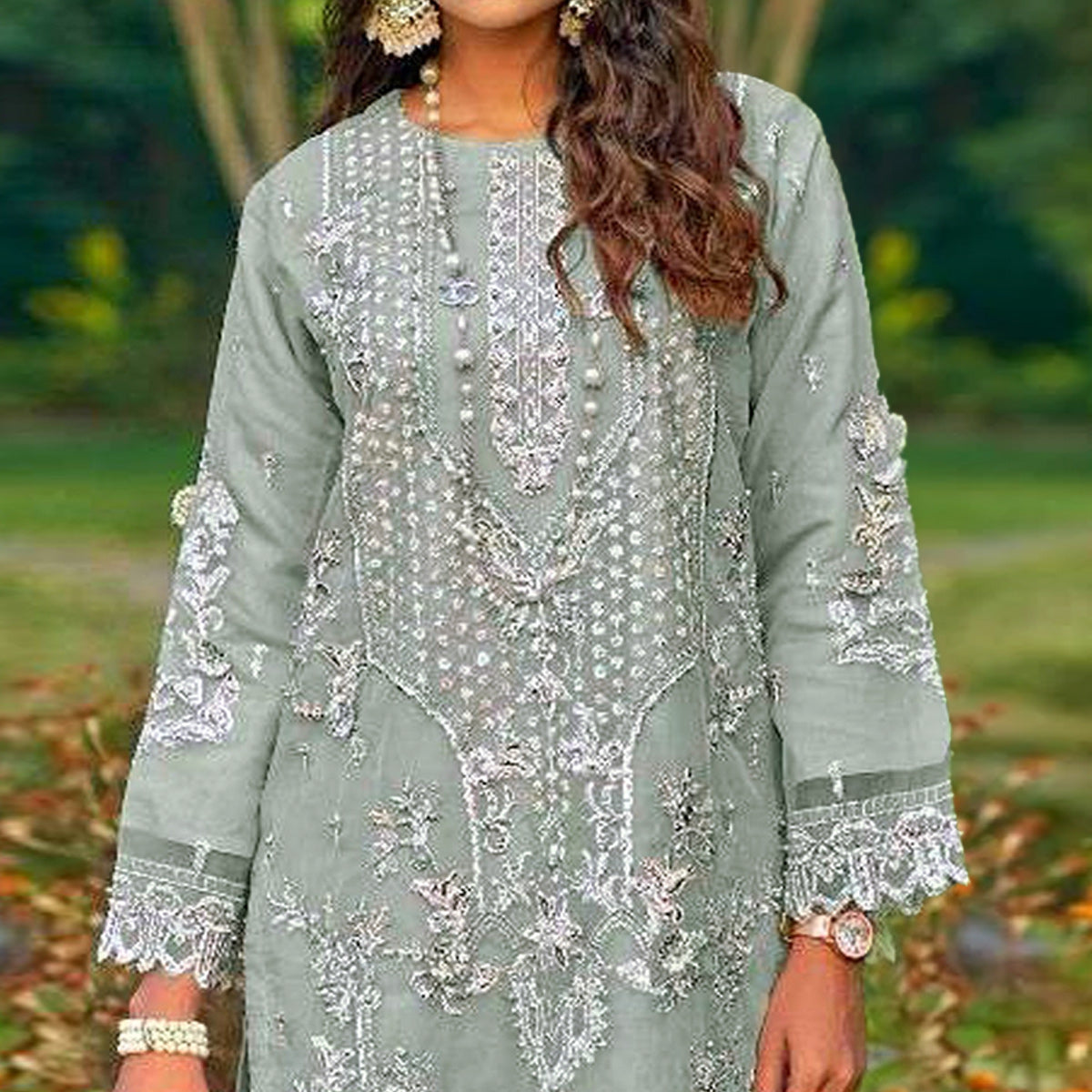 Green Floral Embroidered Organza Semi Stitched Pakistani Suit