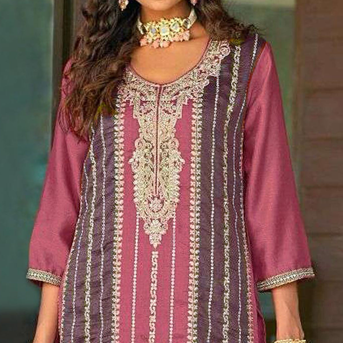 Pink Floral Embroidered Vichitra Silk Semi Stitched Pakistani Suit