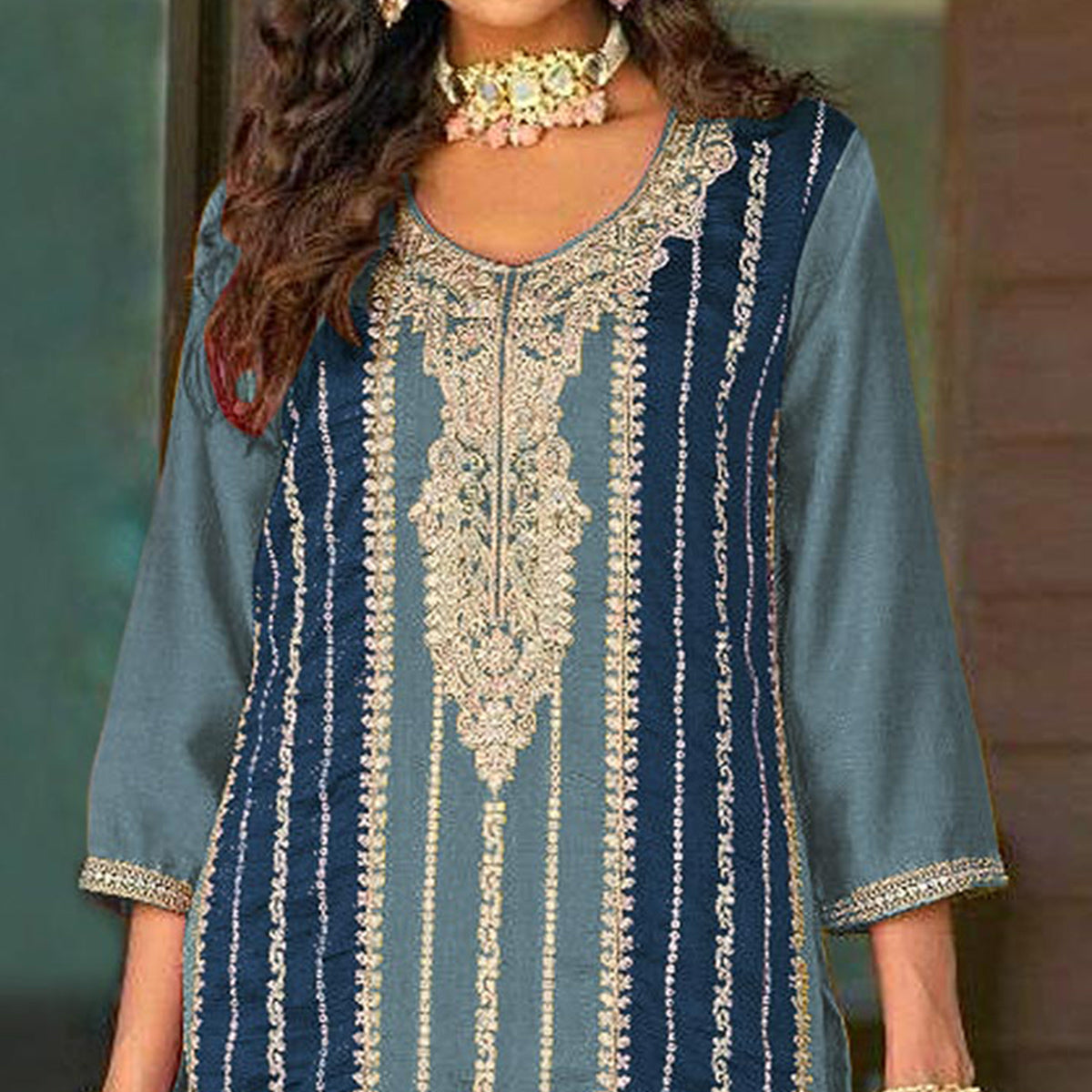 Sky Blue Floral Embroidered Vichitra Silk Semi Stitched Pakistani Suit
