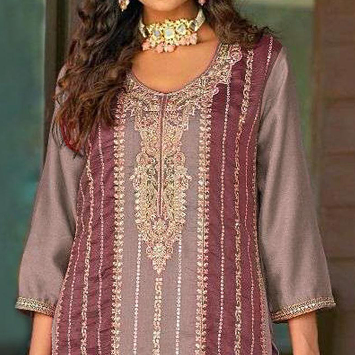 Mauve Floral Embroidered Vichitra Silk Semi Stitched Pakistani Suit