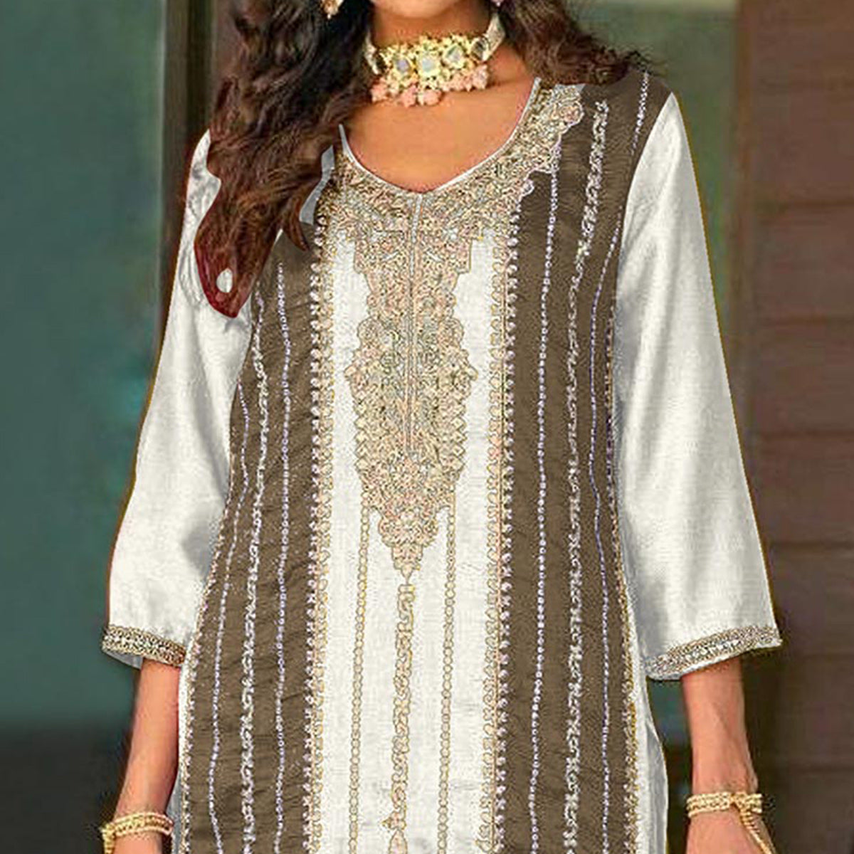 White Floral Embroidered Vichitra Silk Semi Stitched Pakistani Suit