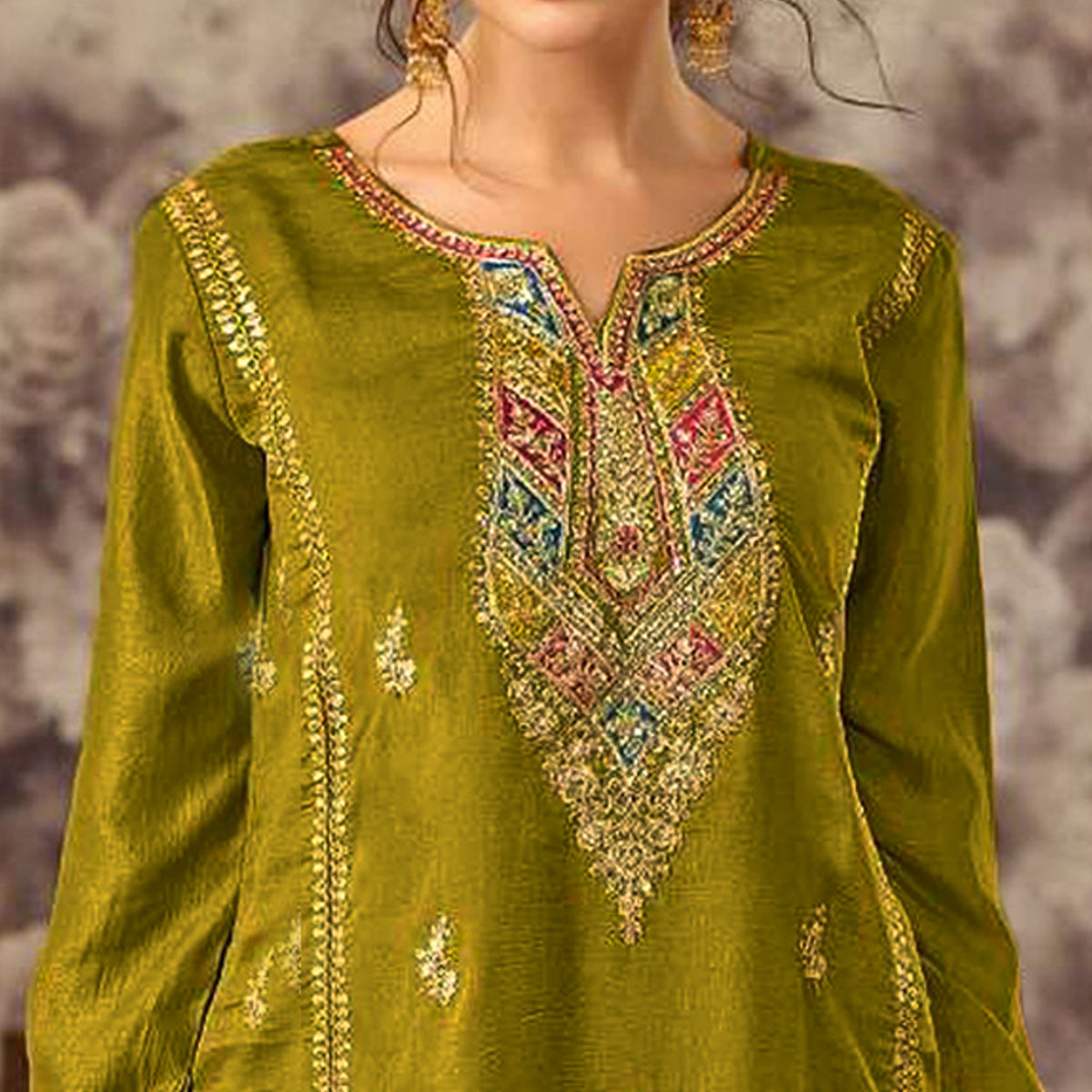 Green Floral Embroidered Vichitra Silk Semi Stitched Pakistani Dress Material
