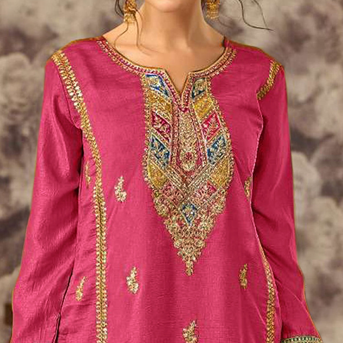Pink Floral Embroidered Vichitra Silk Semi Stitched Pakistani Dress Material