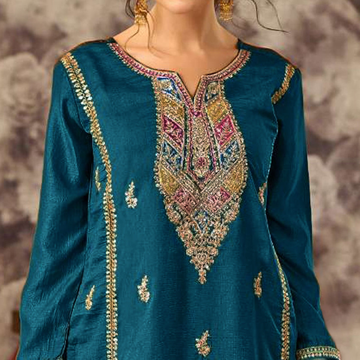 Morpich Floral Embroidered Vichitra Silk Semi Stitched Pakistani Dress Material