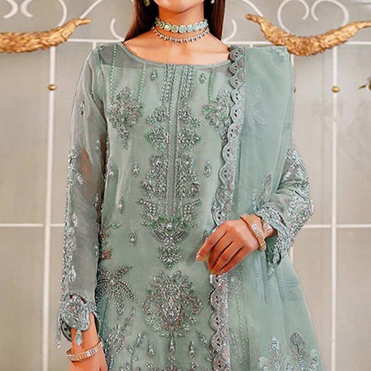Dusty Green Floral Sequins Embroidered Organza Semi Stitched Pakistani Suit