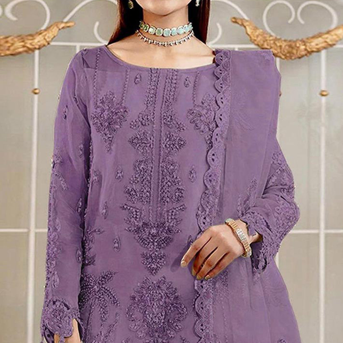 Purple Floral Sequins Embroidered Organza Semi Stitched Pakistani Suit