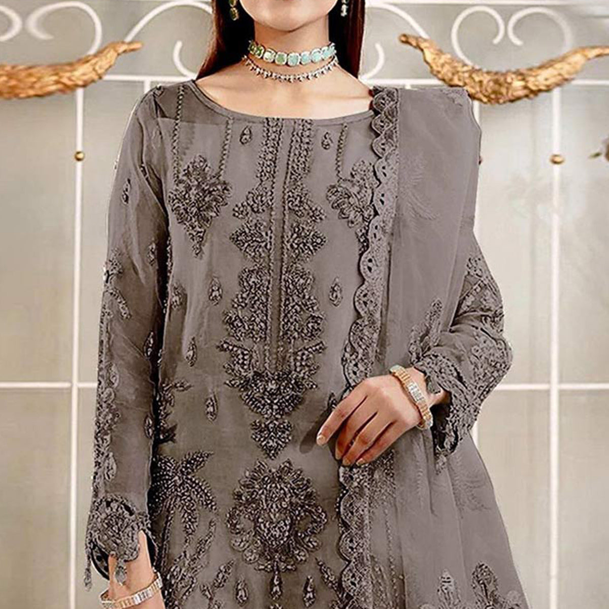 Grey Floral Sequins Embroidered Organza Semi Stitched Pakistani Suit