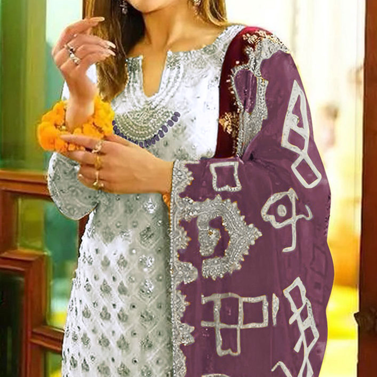 Off White Floral Embroidered Georgette Semi Stitched Pakistani Suit
