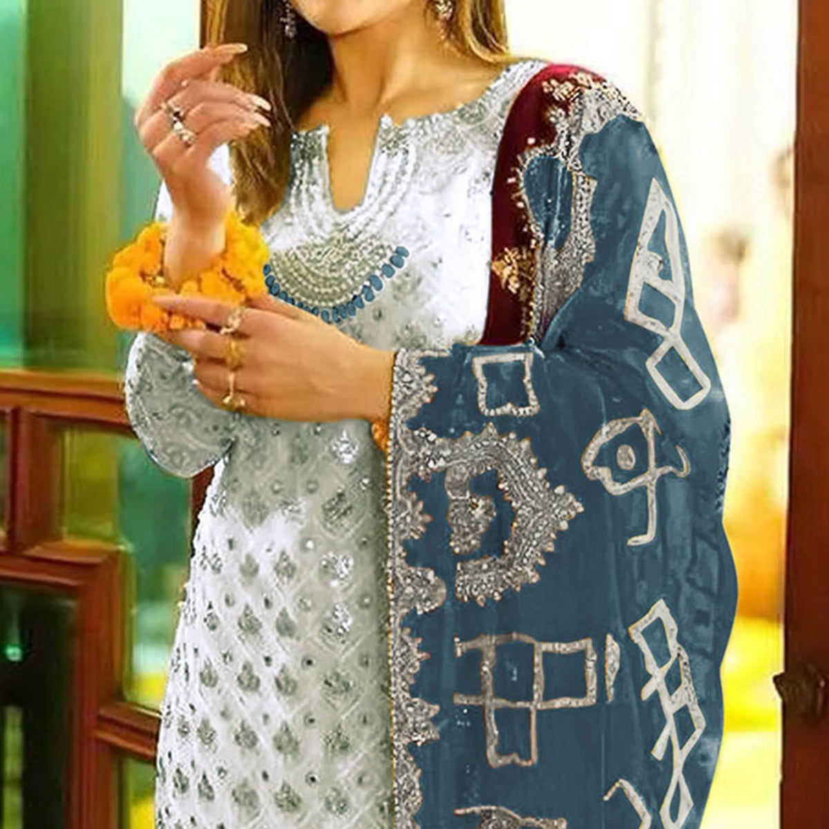 Off White Floral Embroidered Georgette Semi Stitched Pakistani Suit