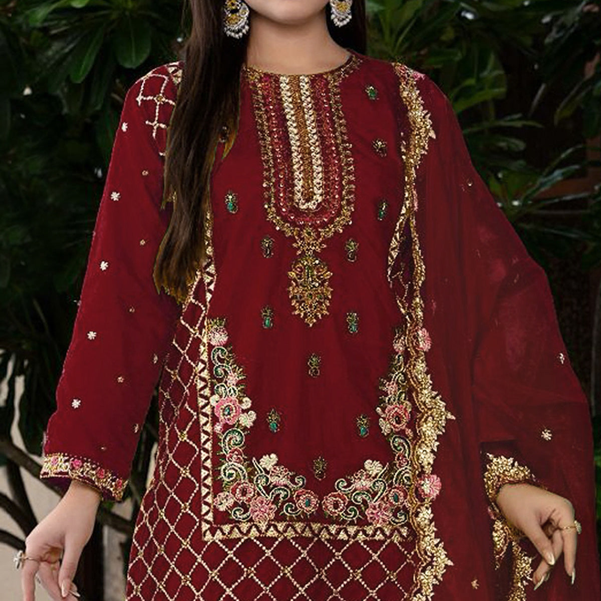 Maroon Floral Sequins Embroidered Georgette Semi Stitched Pakistani Suit