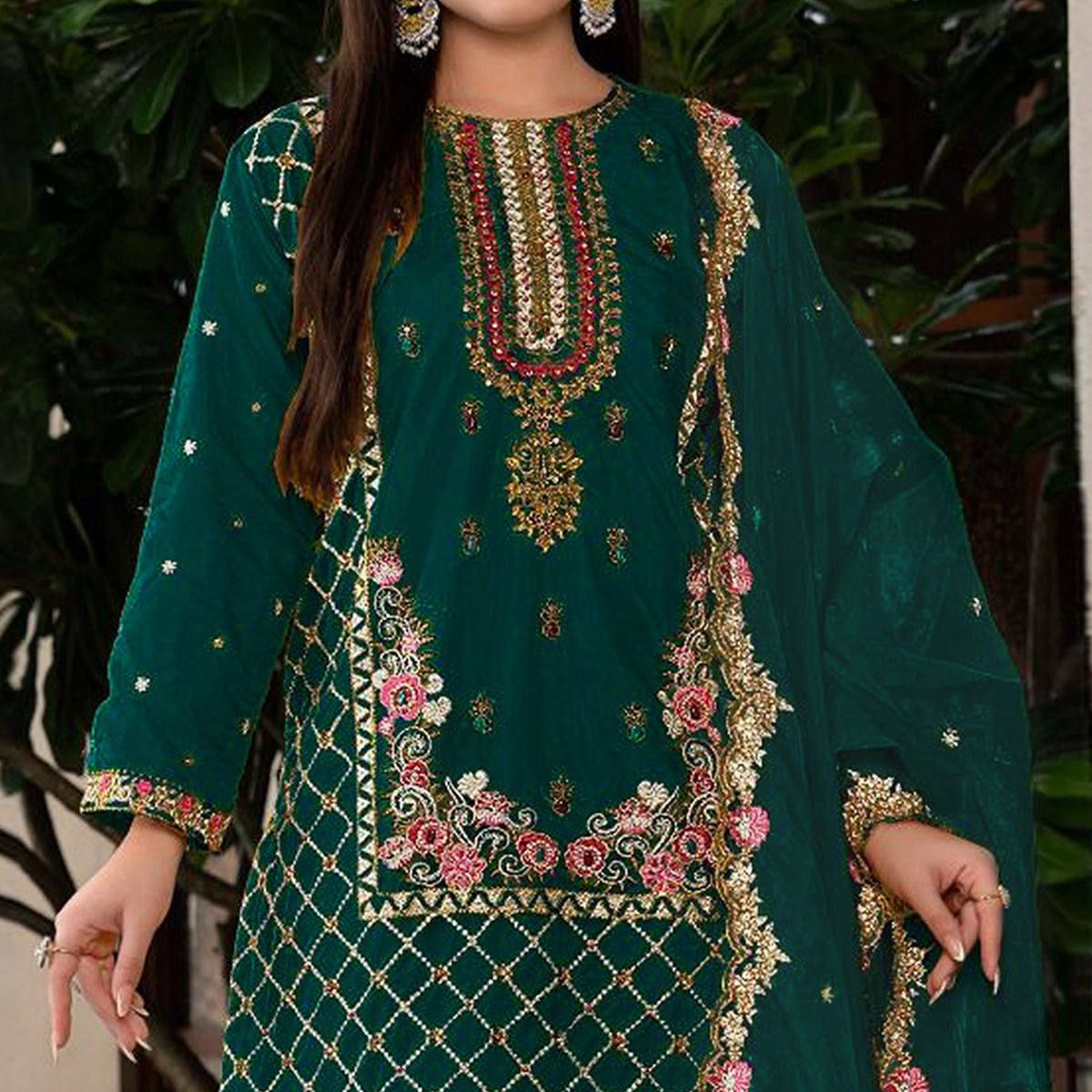 Green Floral Sequins Embroidered Georgette Semi Stitched Pakistani Suit