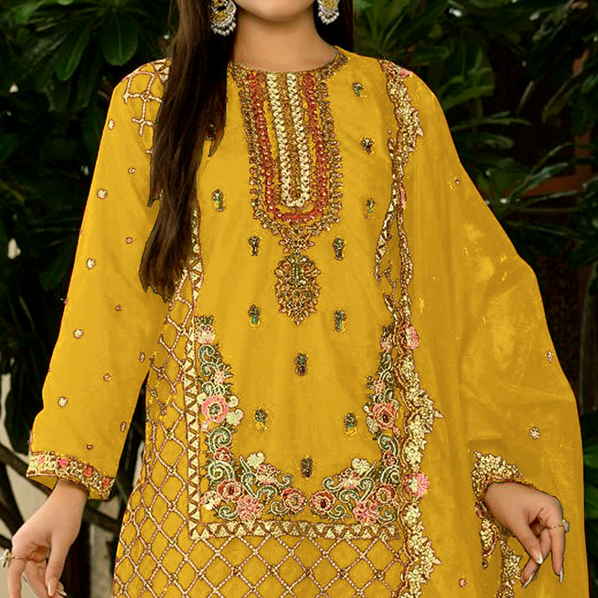 Yellow Floral Sequins Embroidered Georgette Semi Stitched Pakistani Suit
