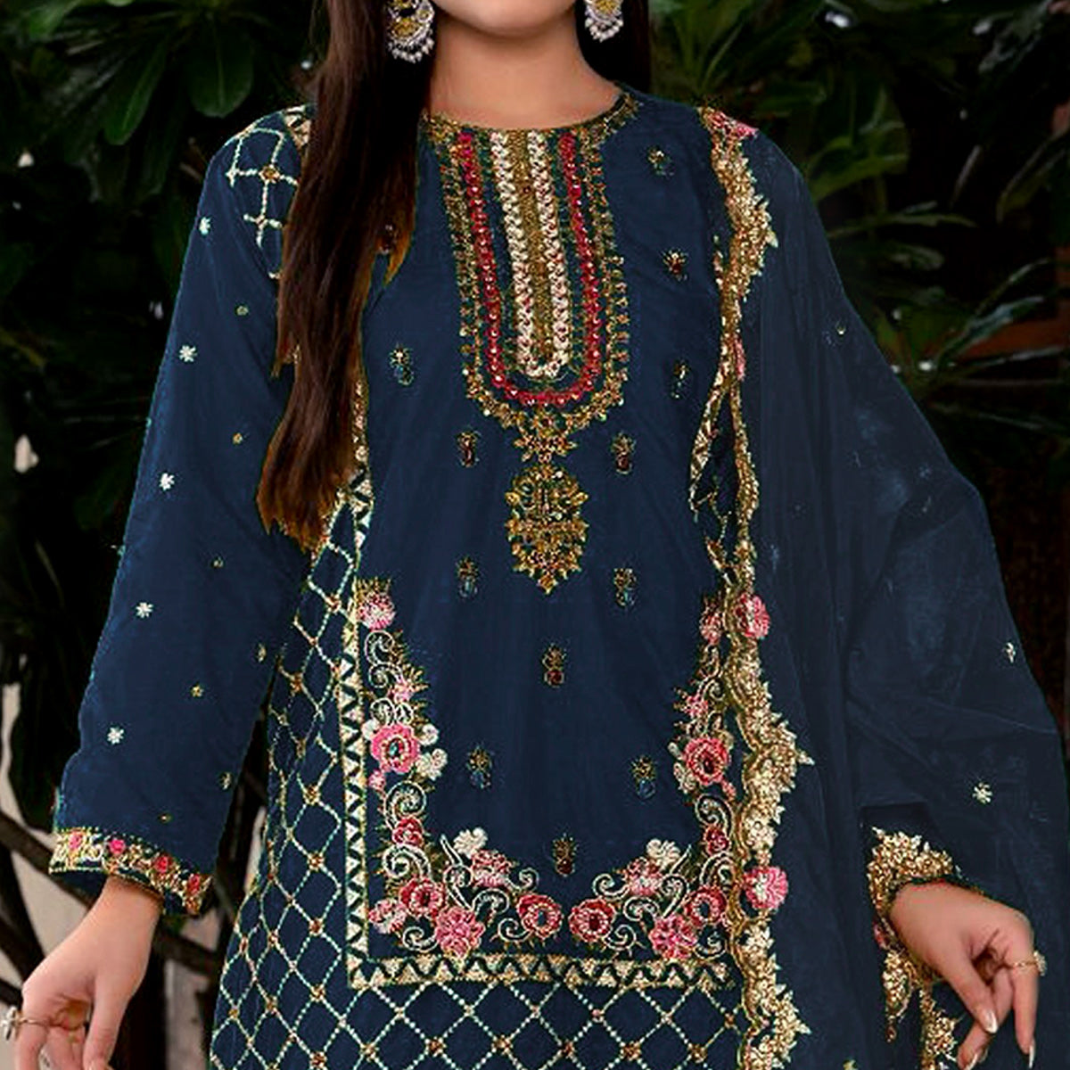 Blue Floral Sequins Embroidered Georgette Semi Stitched Pakistani Suit