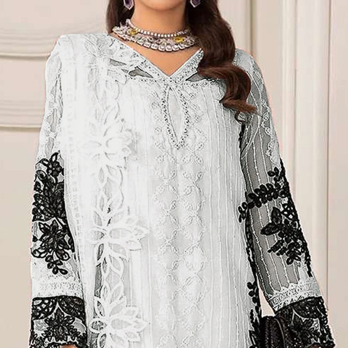 White Floral Embroidered Georgette Semi Stitched Pakistani Dress Material