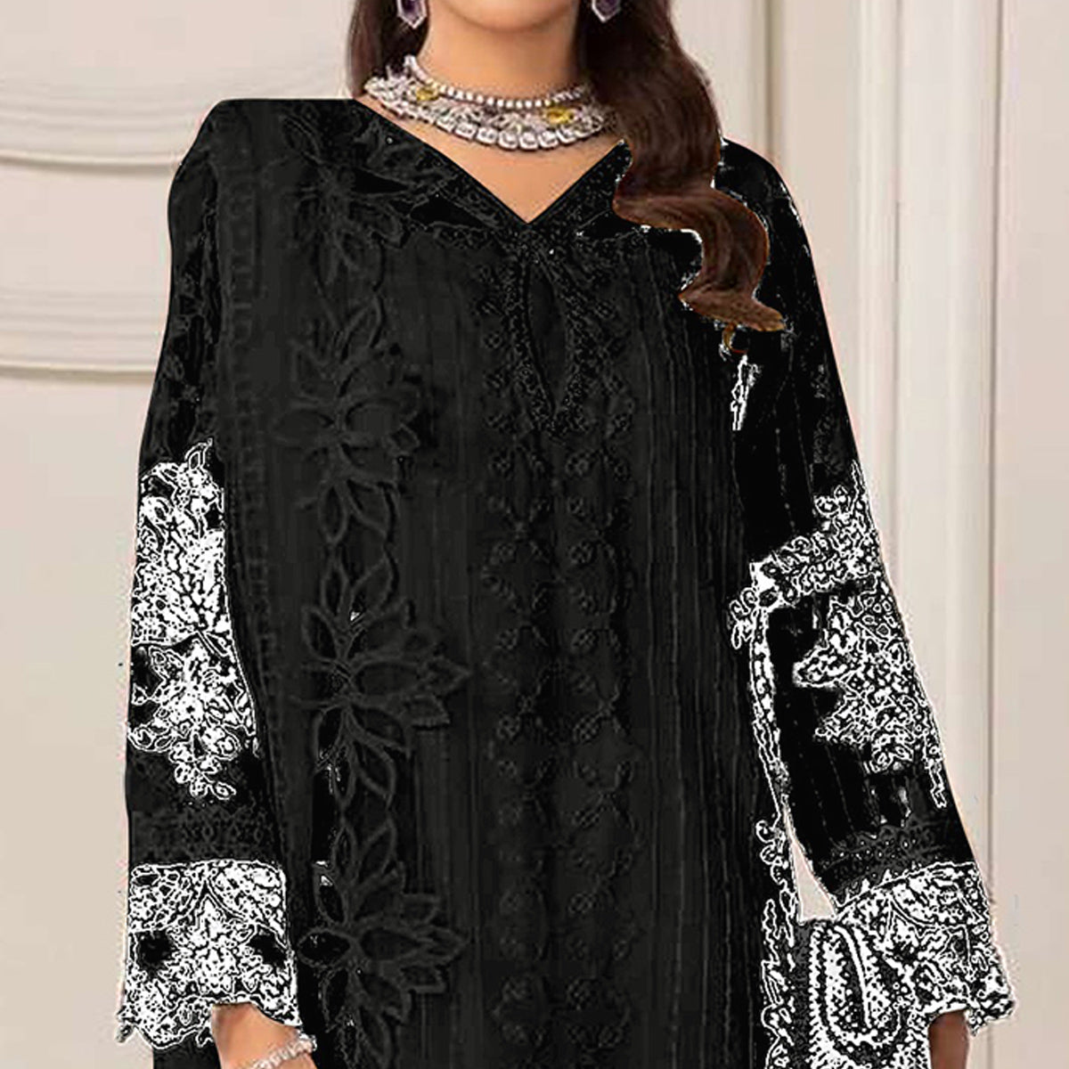 Black Floral Embroidered Georgette Semi Stitched Pakistani Dress Material