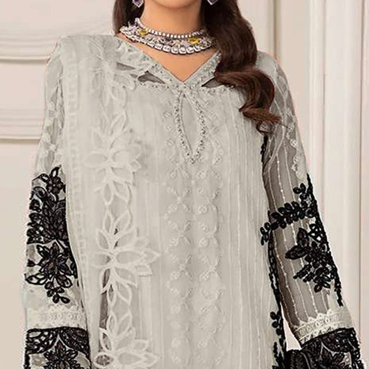 Beige Floral Embroidered Georgette Semi Stitched Pakistani Dress Material