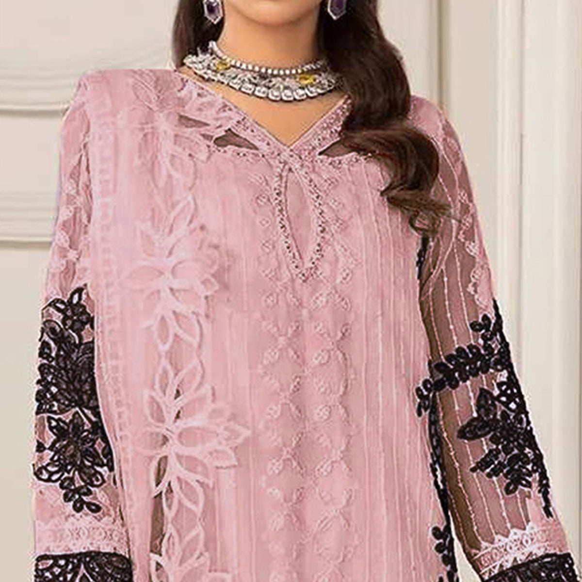 Pink Floral Embroidered Georgette Semi Stitched Pakistani Dress Material