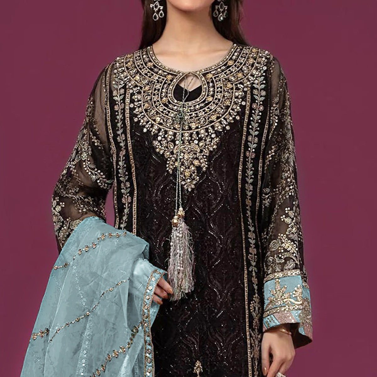 Black & Sky Blue Embroidered Georgette Semi Stitched Pakistani Suit