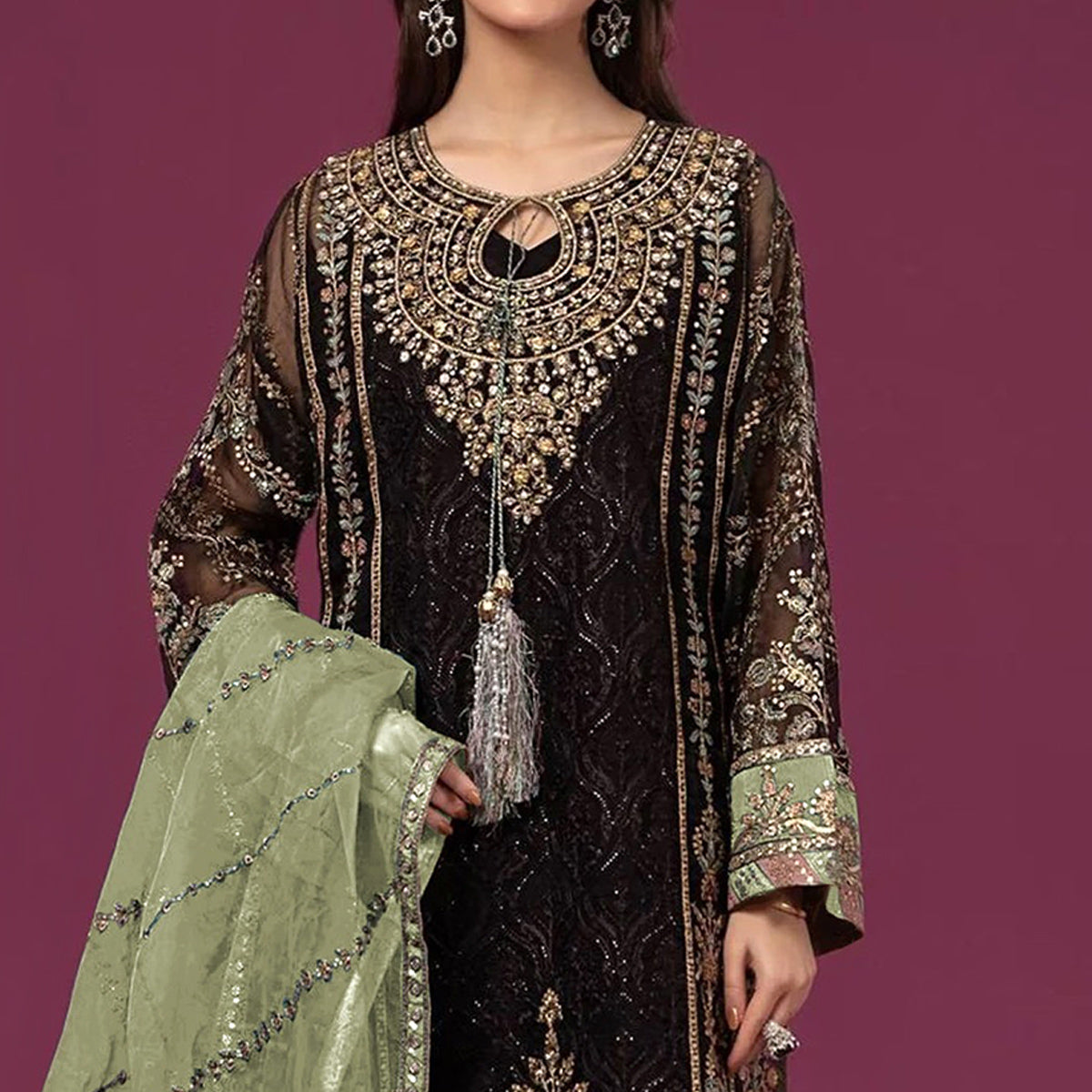Black & Green Embroidered Georgette Semi Stitched Pakistani Suit