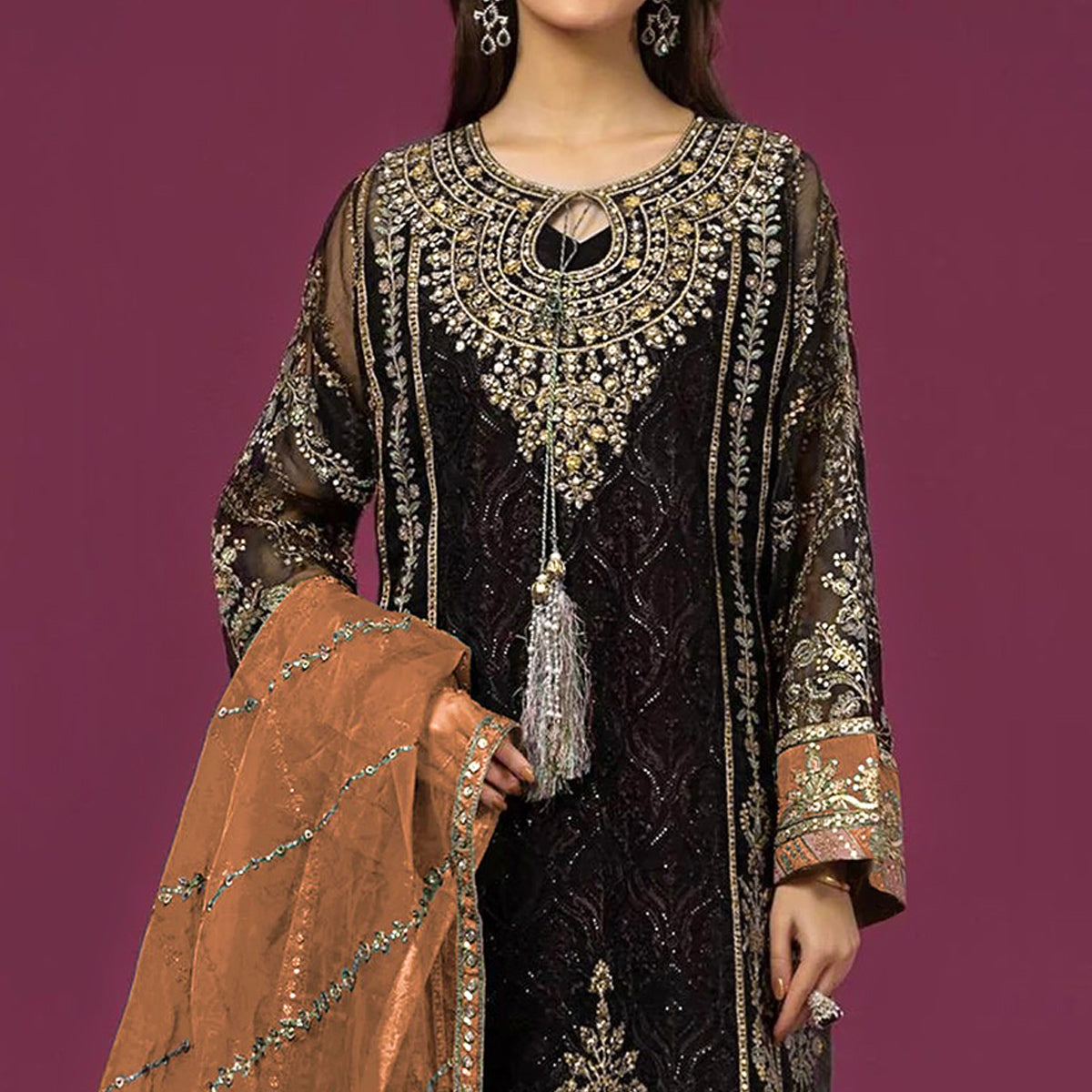 Black & Brown Embroidered Georgette Semi Stitched Pakistani Suit