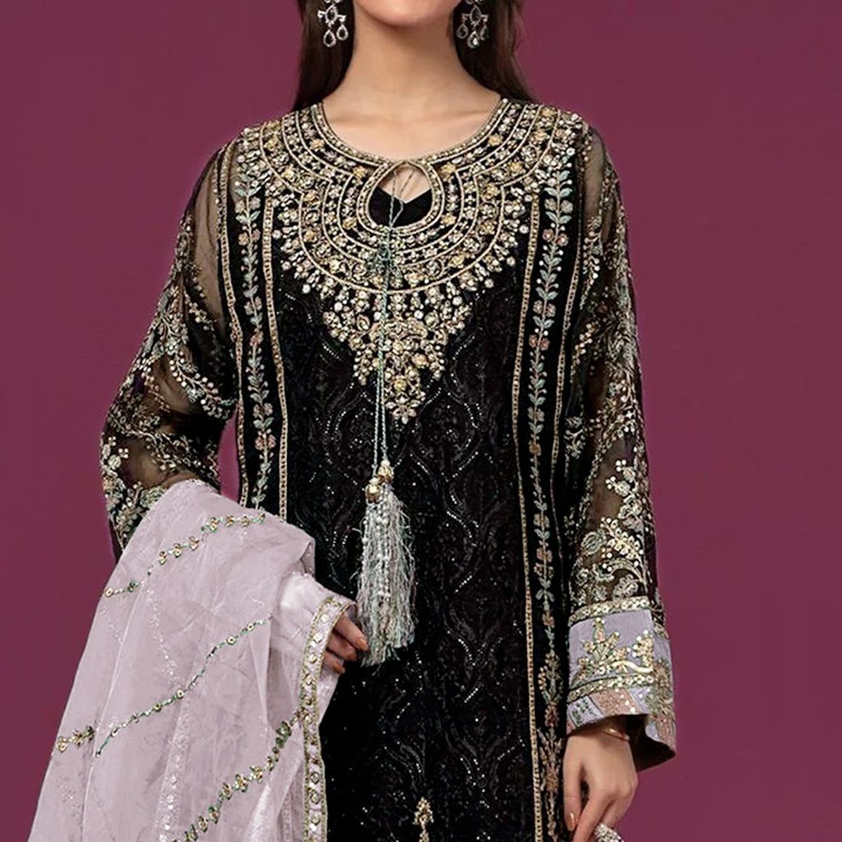 Black & Lavender Embroidered Georgette Semi Stitched Pakistani Suit