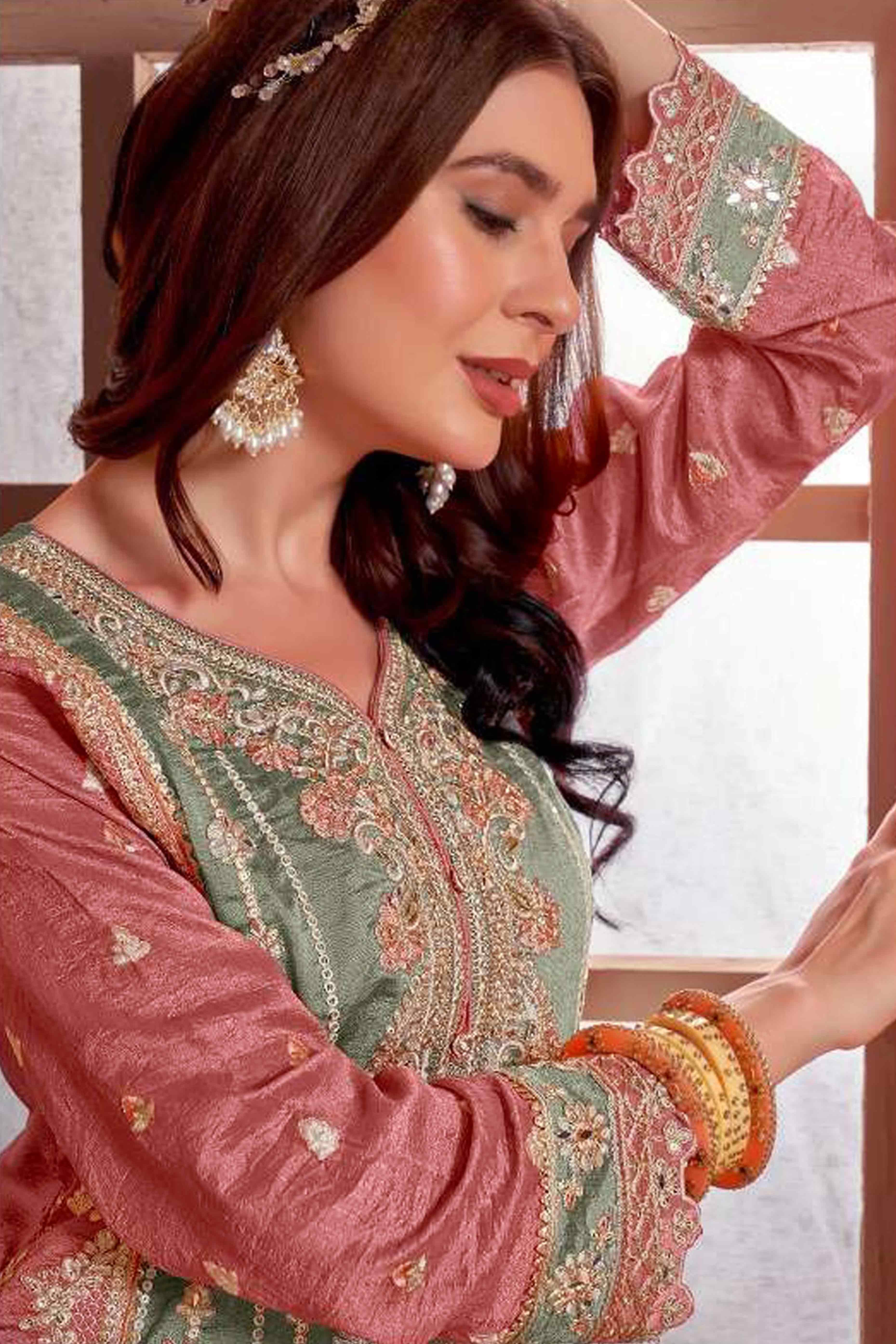 Green & Copper Rust Floral Sequins Embroidery Vichitra Silk Semi Stitched Pakistani Suit