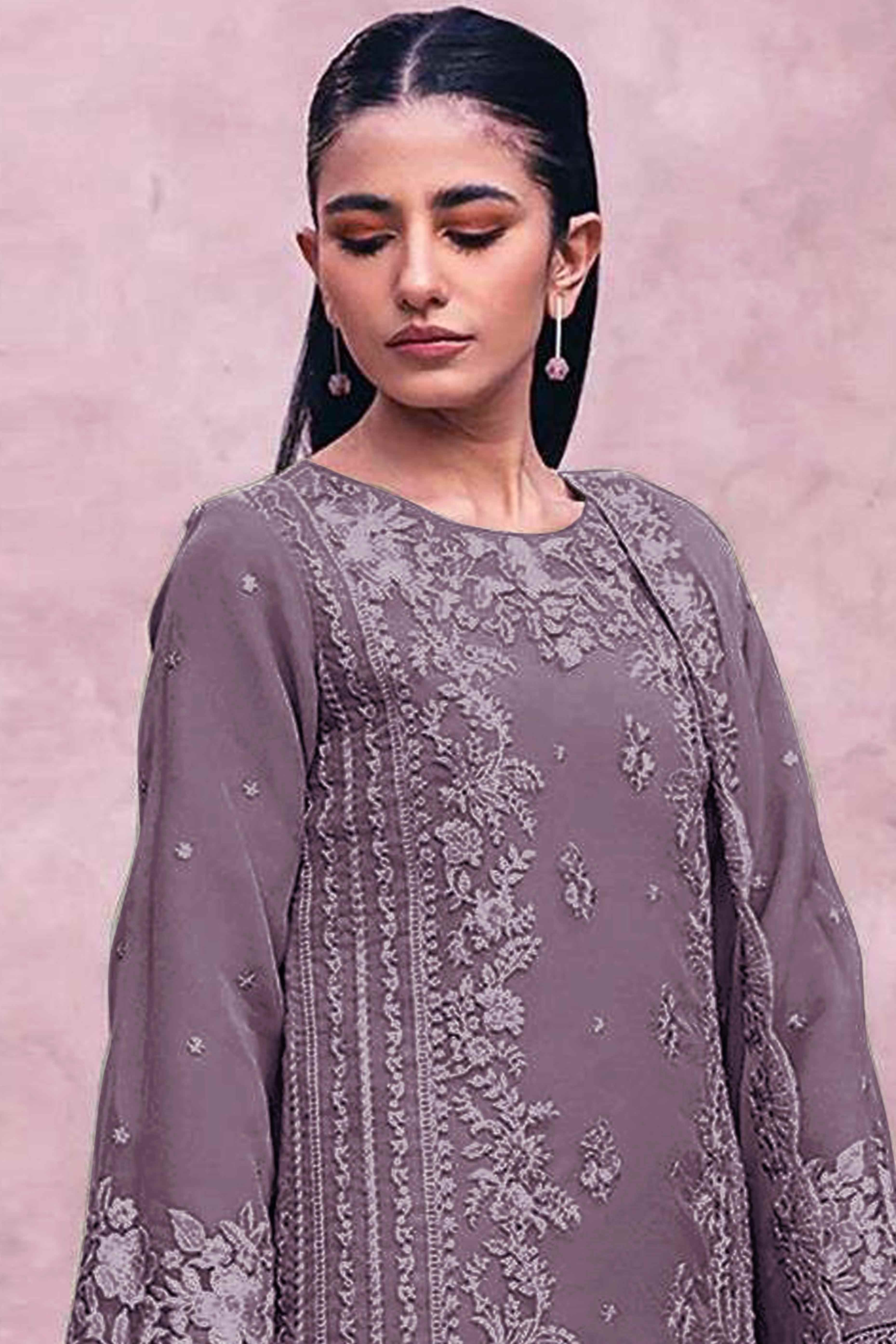 Purple Floral Embroidery Georgette Semi Stitched Pakistani Suit