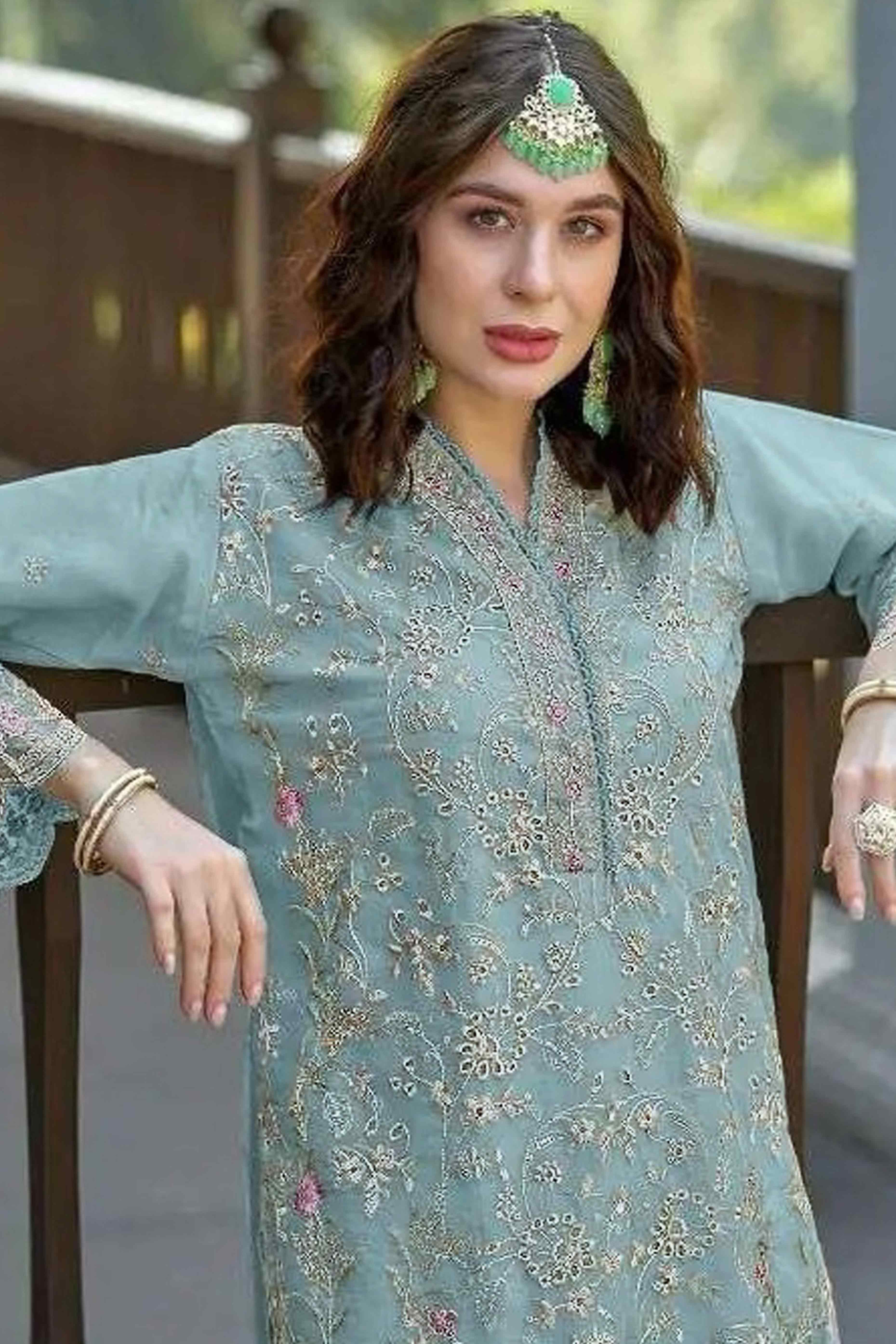 Sky Blue Floral Sequins Embroidery Organza Semi Stitched Pakistani Suit