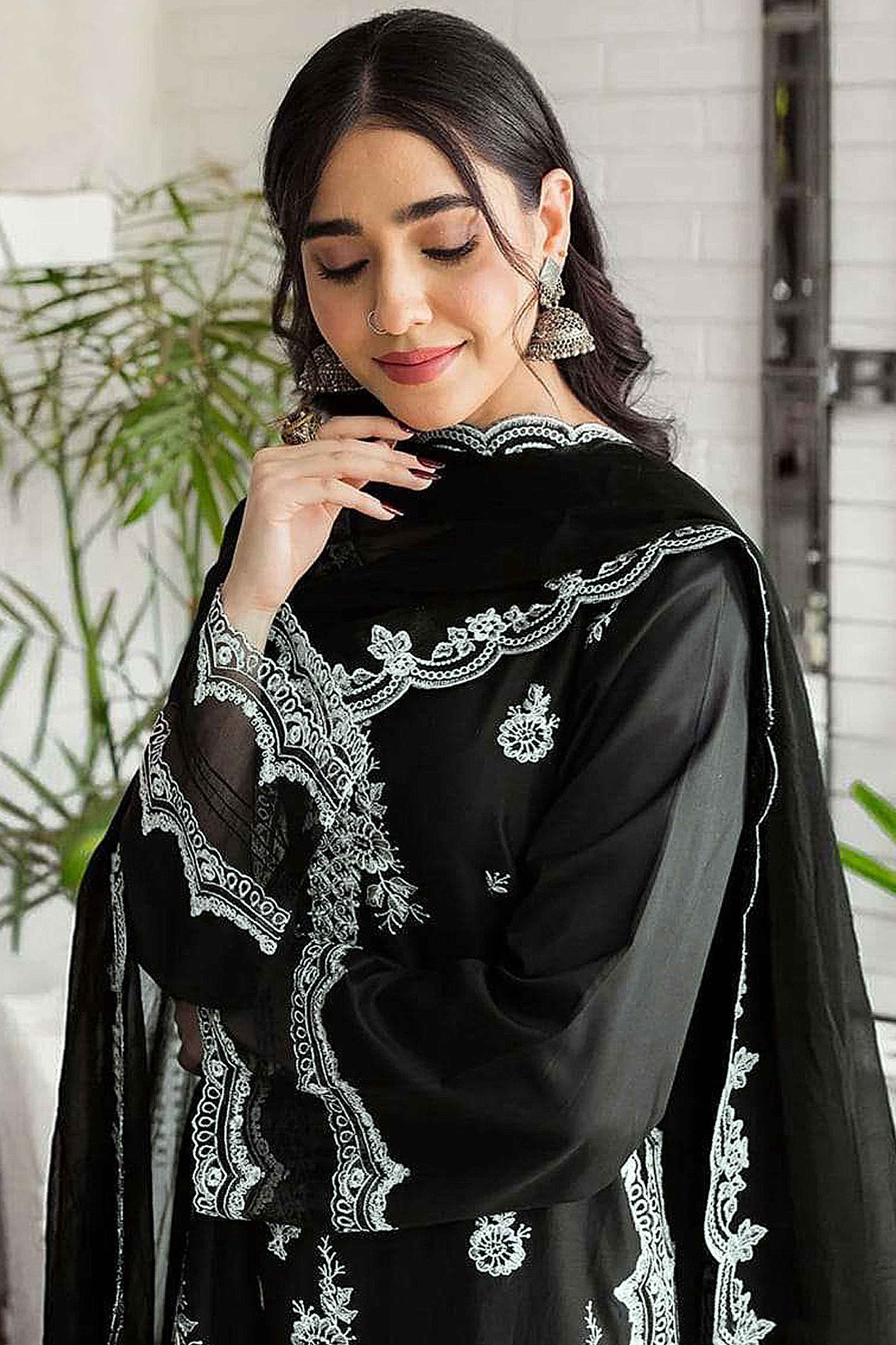 Black Floral Embroidery Georgette Semi Stitched Pakistani Suit