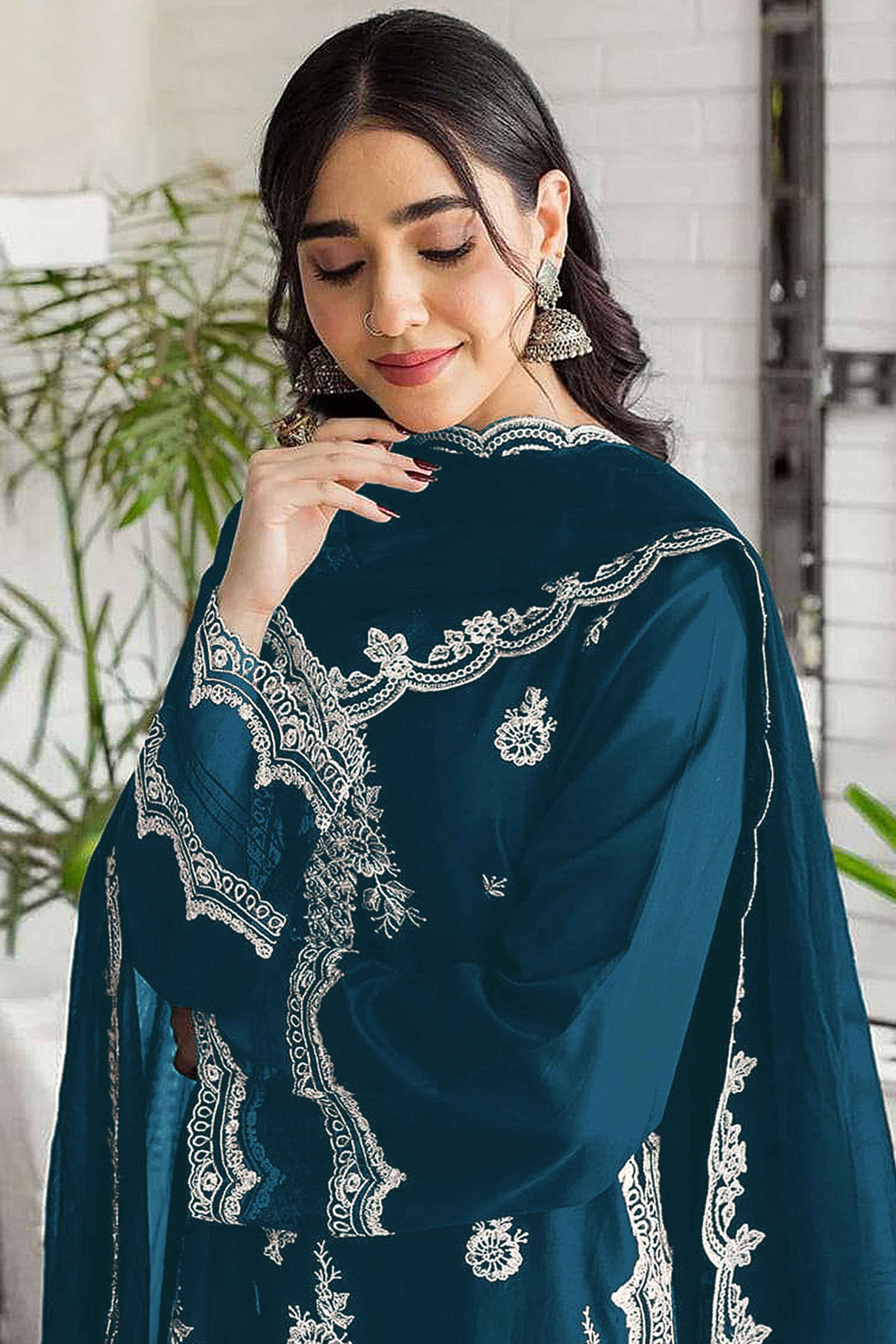 Morpich Blue Floral Embroidery Georgette Semi Stitched Pakistani Suit